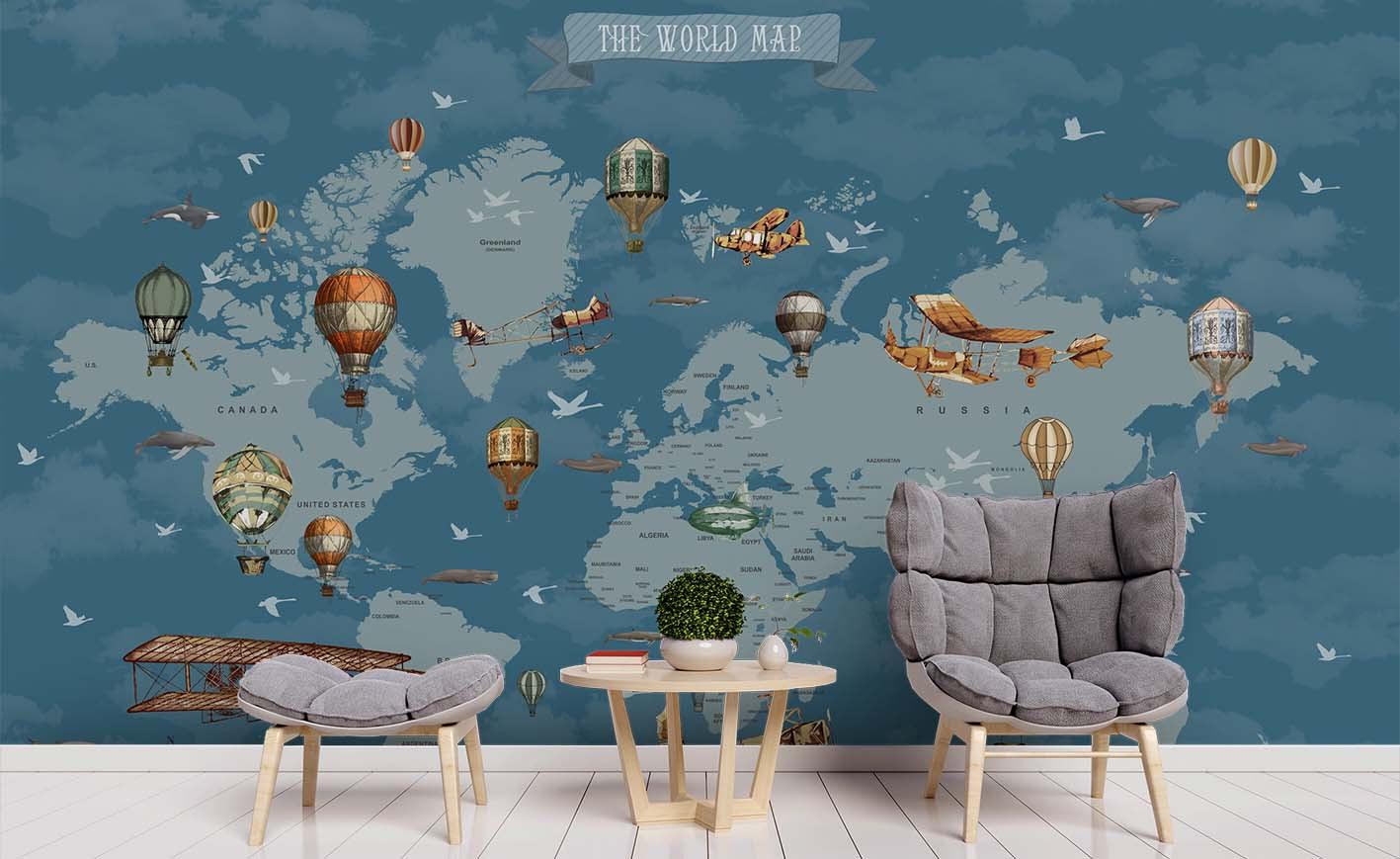 3D Blue World Map Hot Air Balloon Wall Mural Wallpaper 30- Jess Art Decoration
