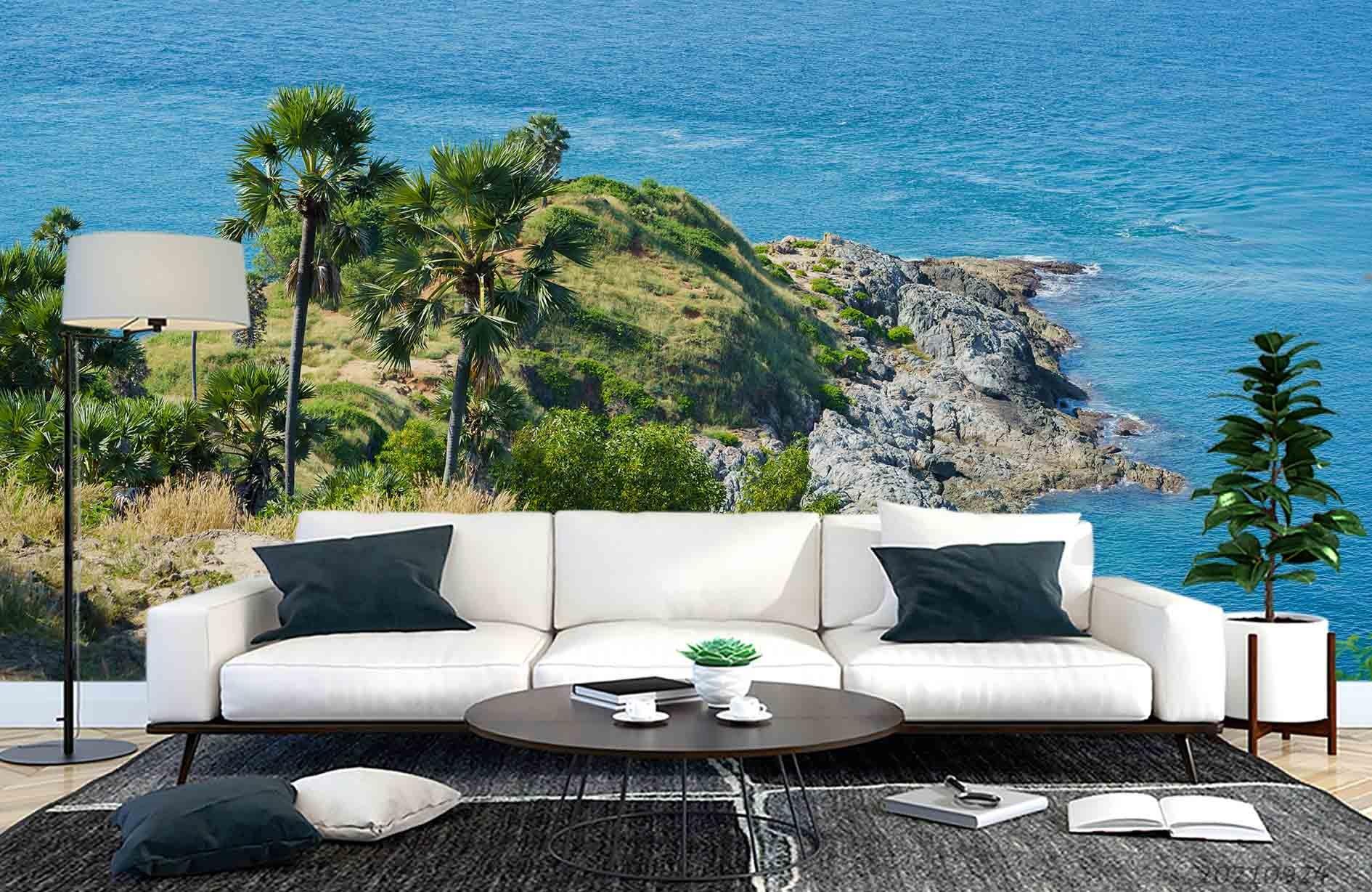 3D Blue Sea Rock Coconut Tree Wall Mural Wallpaper LQH 761- Jess Art Decoration