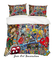 3D Graffiti Colorful Heart Building Quilt Cover Set Bedding Set Duvet Cover Pillowcases LXL- Jess Art Decoration