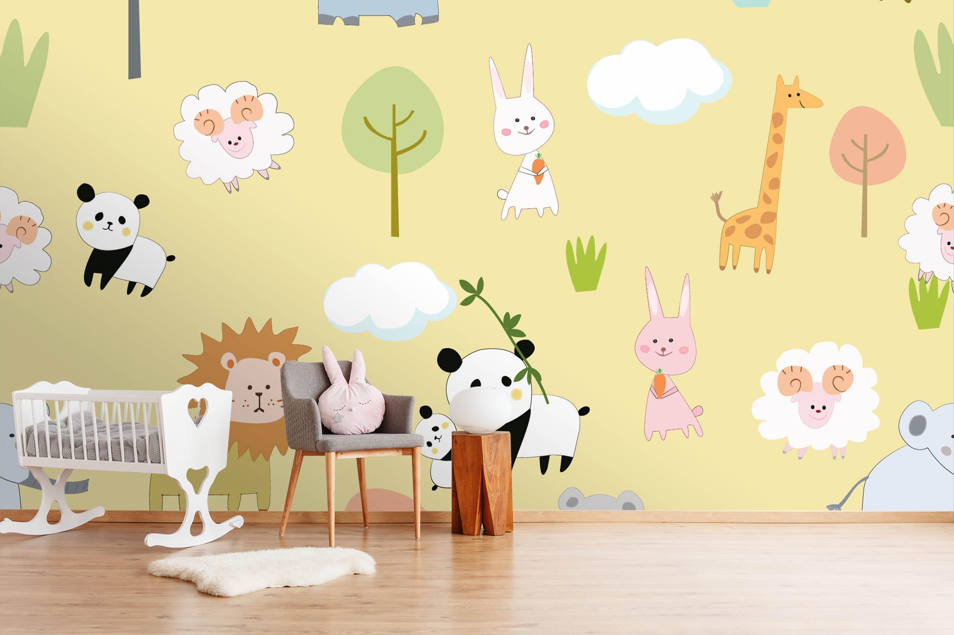 3D cartoon hippo giraffe wall mural wallpaper 8- Jess Art Decoration