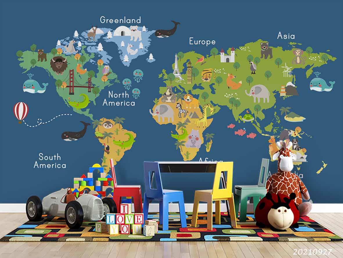 3D Blue World Map Kids Wall Mural Wallpaper LQH 152- Jess Art Decoration