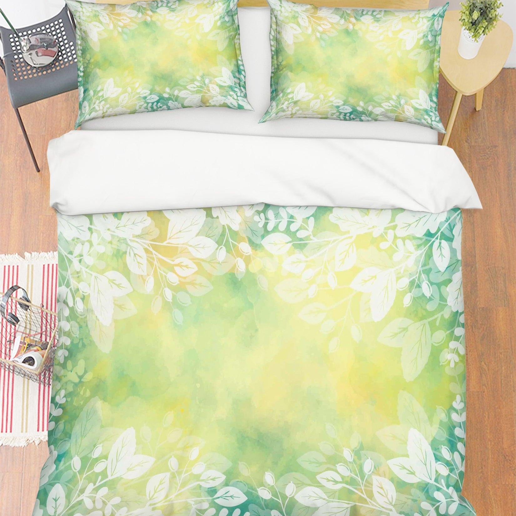 3D White Leaves Green Quilt Cover Set Bedding Set Pillowcases 35- Jess Art Decoration