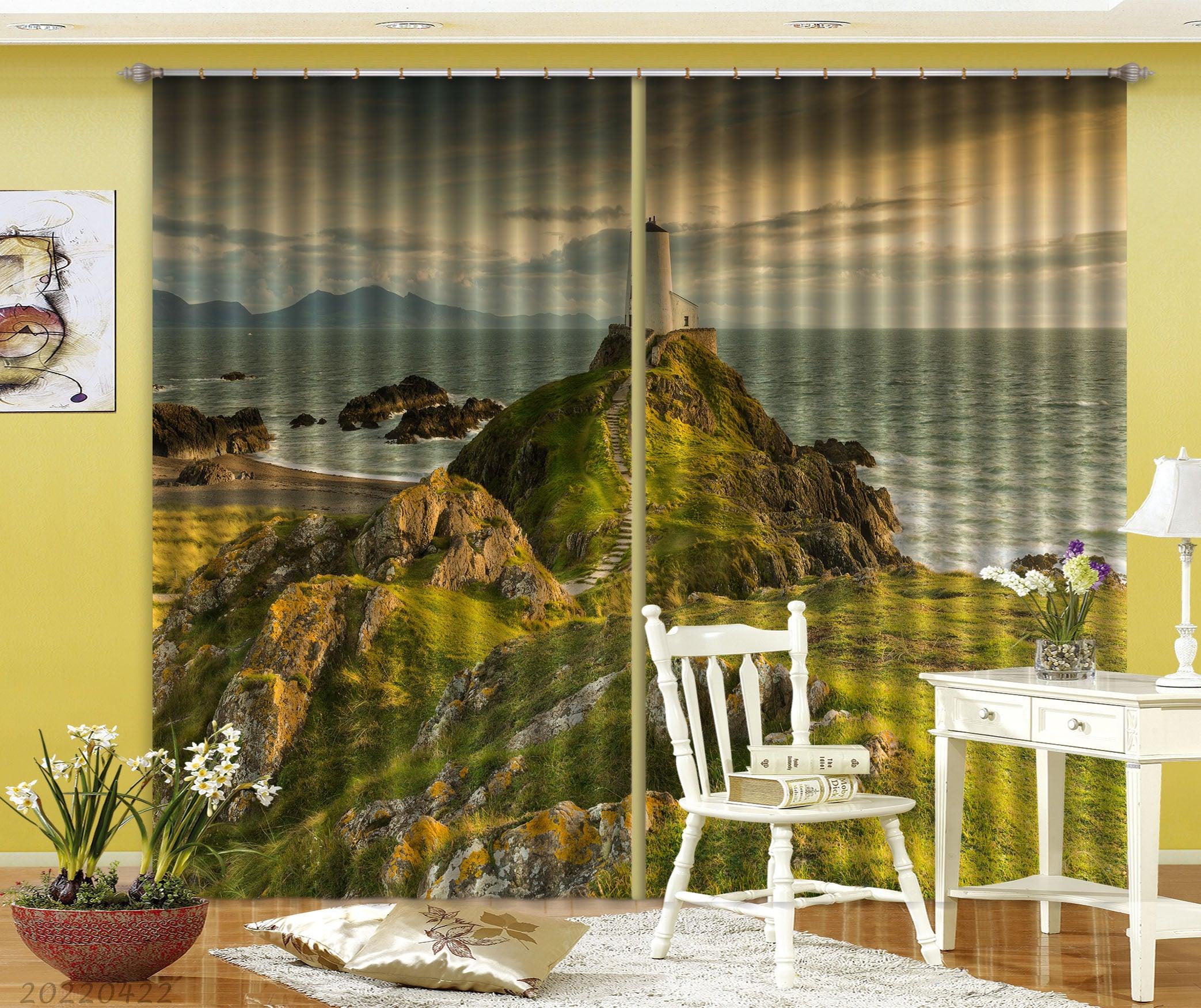 3D Landscape Mountain Lighthouse Ocean Island Curtains and Drapes GD 4247- Jess Art Decoration