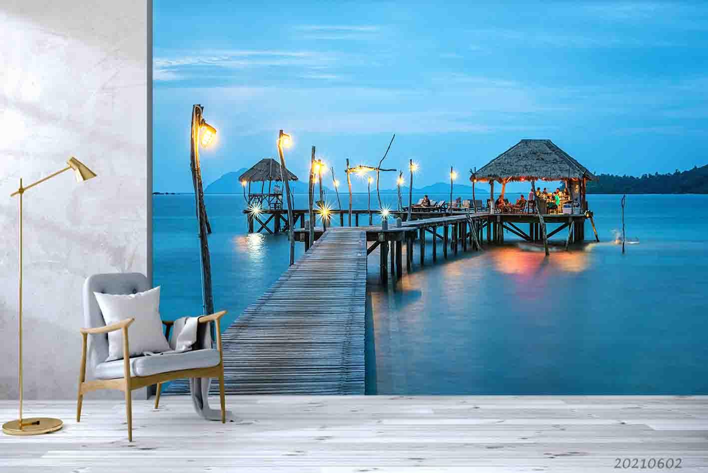 3D Tropics Seaside Trestle Hut Dusk Wall Mural Wallpaper SWW956- Jess Art Decoration