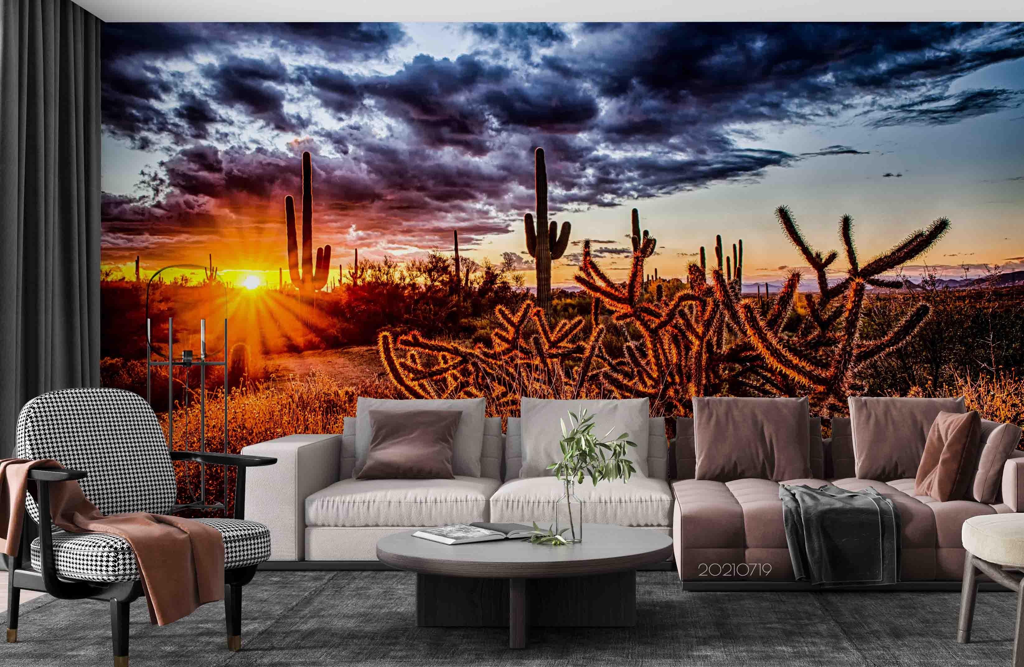 3D Gobi Desert Cactus Setting Sun Wall Mural Wallpaper SWW3062- Jess Art Decoration