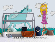 3D Cartoon Girl Feeding Green Unicorn Wall Mural Wallpaper LXL 169- Jess Art Decoration