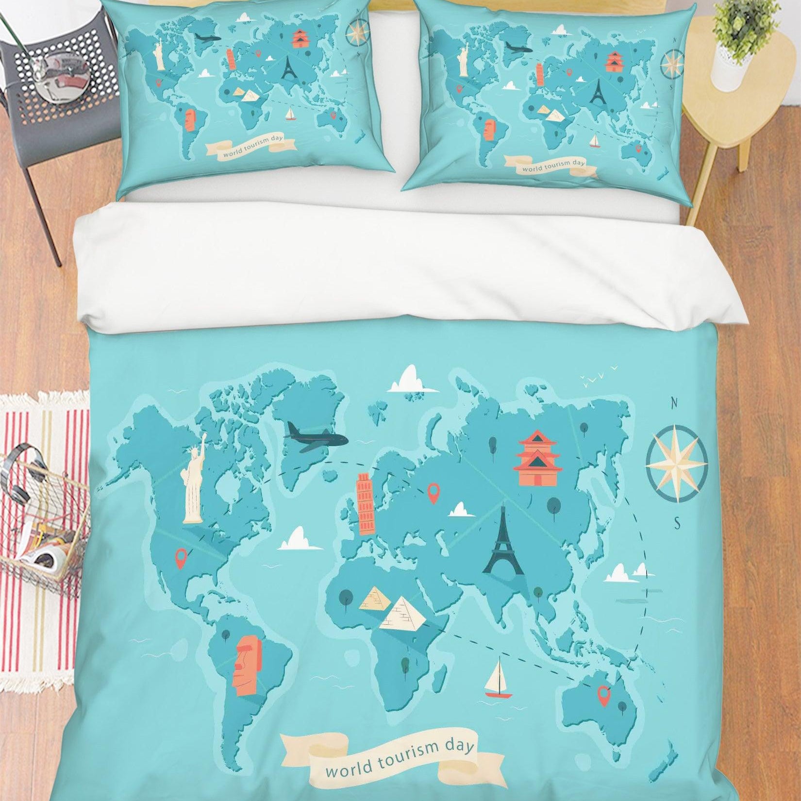 3D Blue World Map Quilt Cover Set Bedding Set Pillowcases 222- Jess Art Decoration