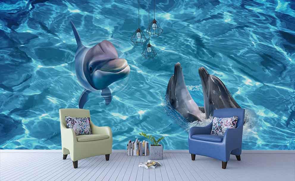3D Blue Sea Dolphin Wall Mural Wallpaper 129- Jess Art Decoration