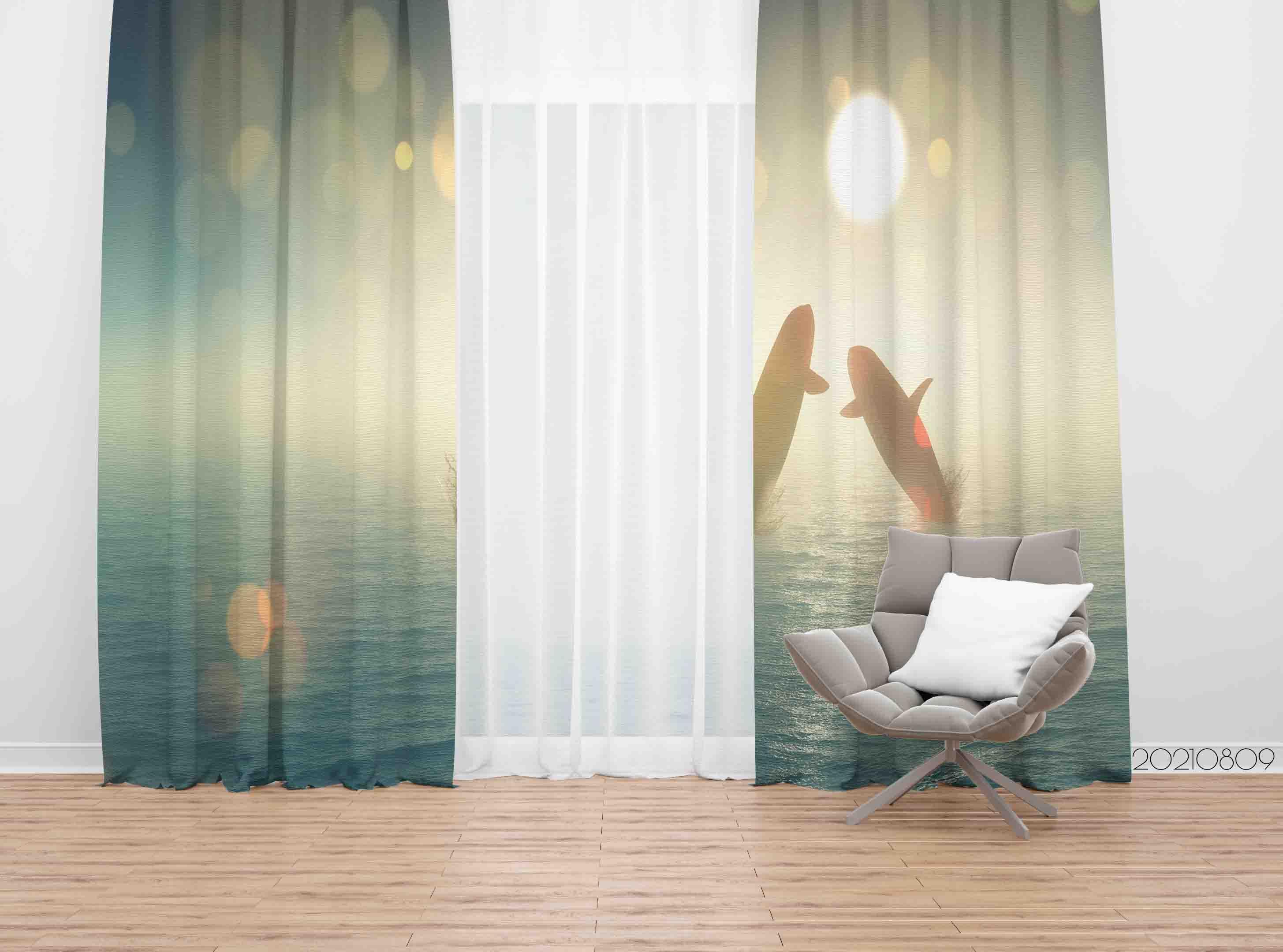 3D Sunset Sea Whale Curtains and Drapes LQH 1- Jess Art Decoration