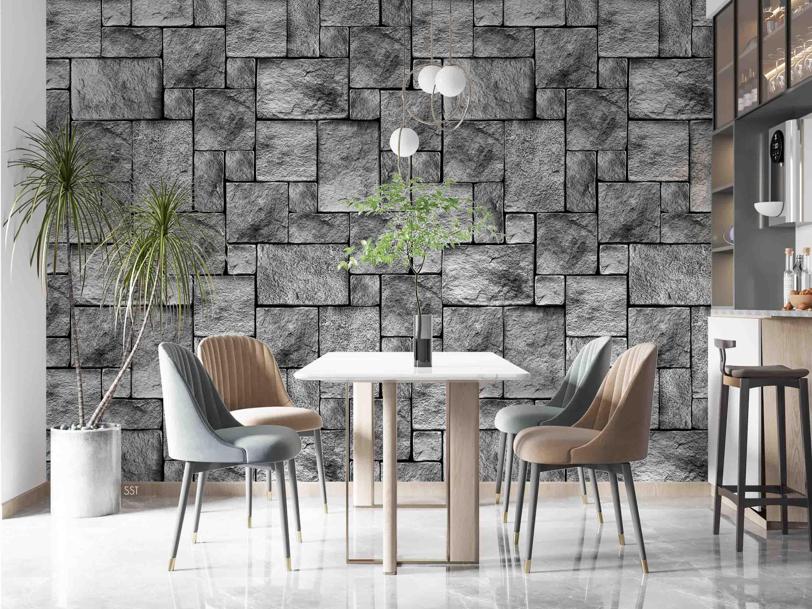 3D Square Stone Blocks grey square stone block texture wall mural wallpaper for dining room