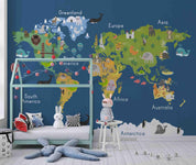 3D Cartoon Blue World Map Wall Mural Wallpaper LQH 212- Jess Art Decoration