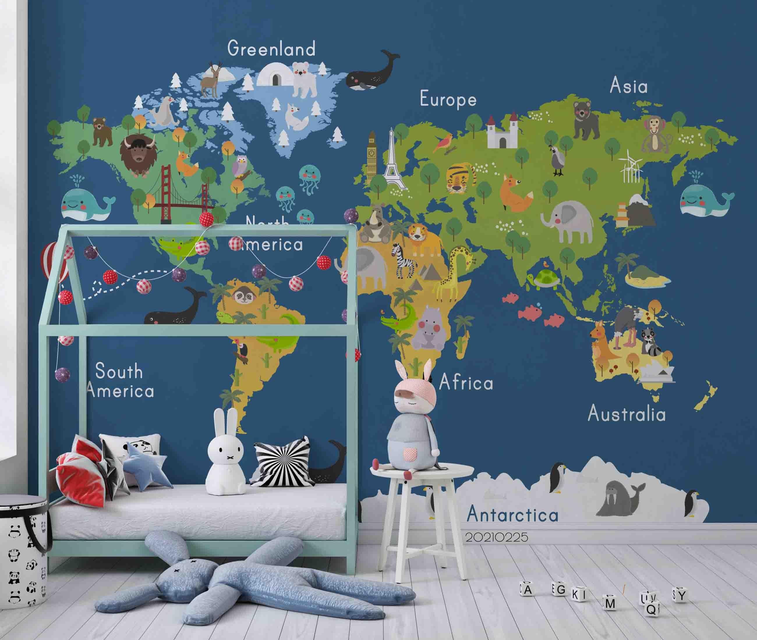 3D Cartoon Blue World Map Wall Mural Wallpaper LQH 212- Jess Art Decoration