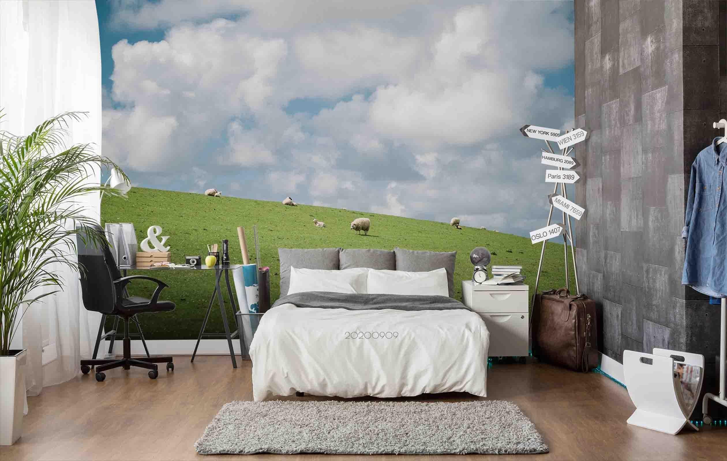 3D Sky Cloud Green Grassland Sheep Animal Wall Mural Wallpaper LXL- Jess Art Decoration