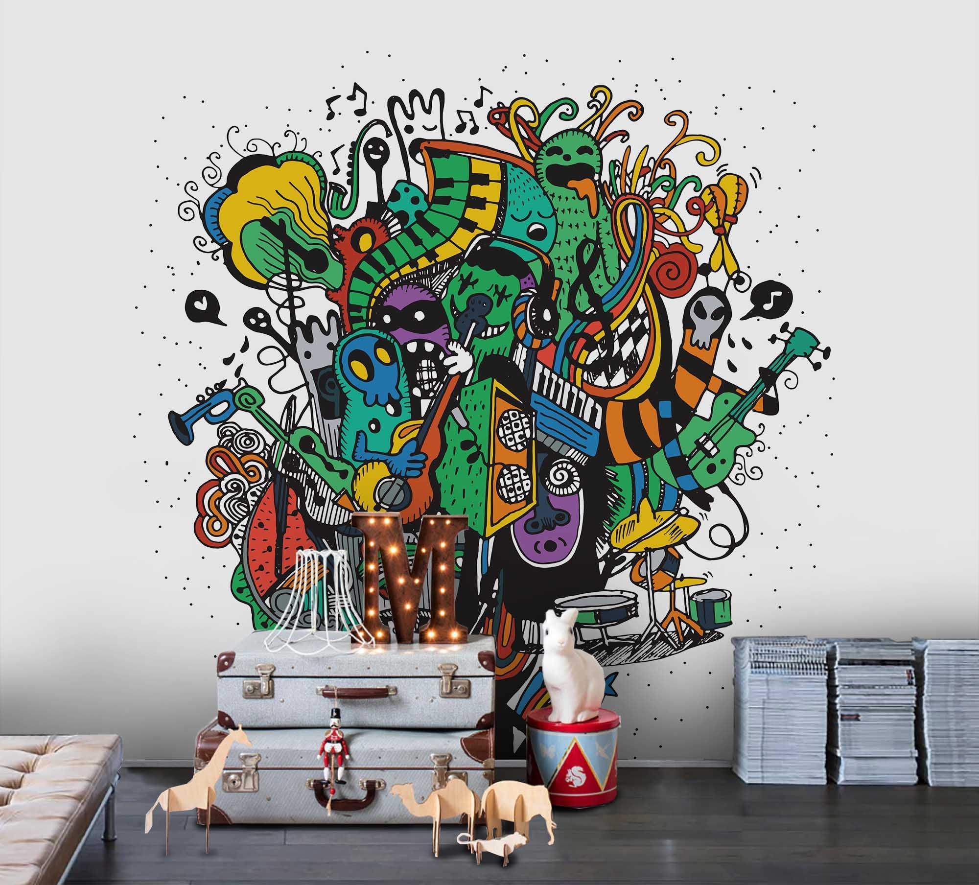 3D Graffiti Playing Musical Instrument Cartoon Wall Mural Wallpaper SF29- Jess Art Decoration