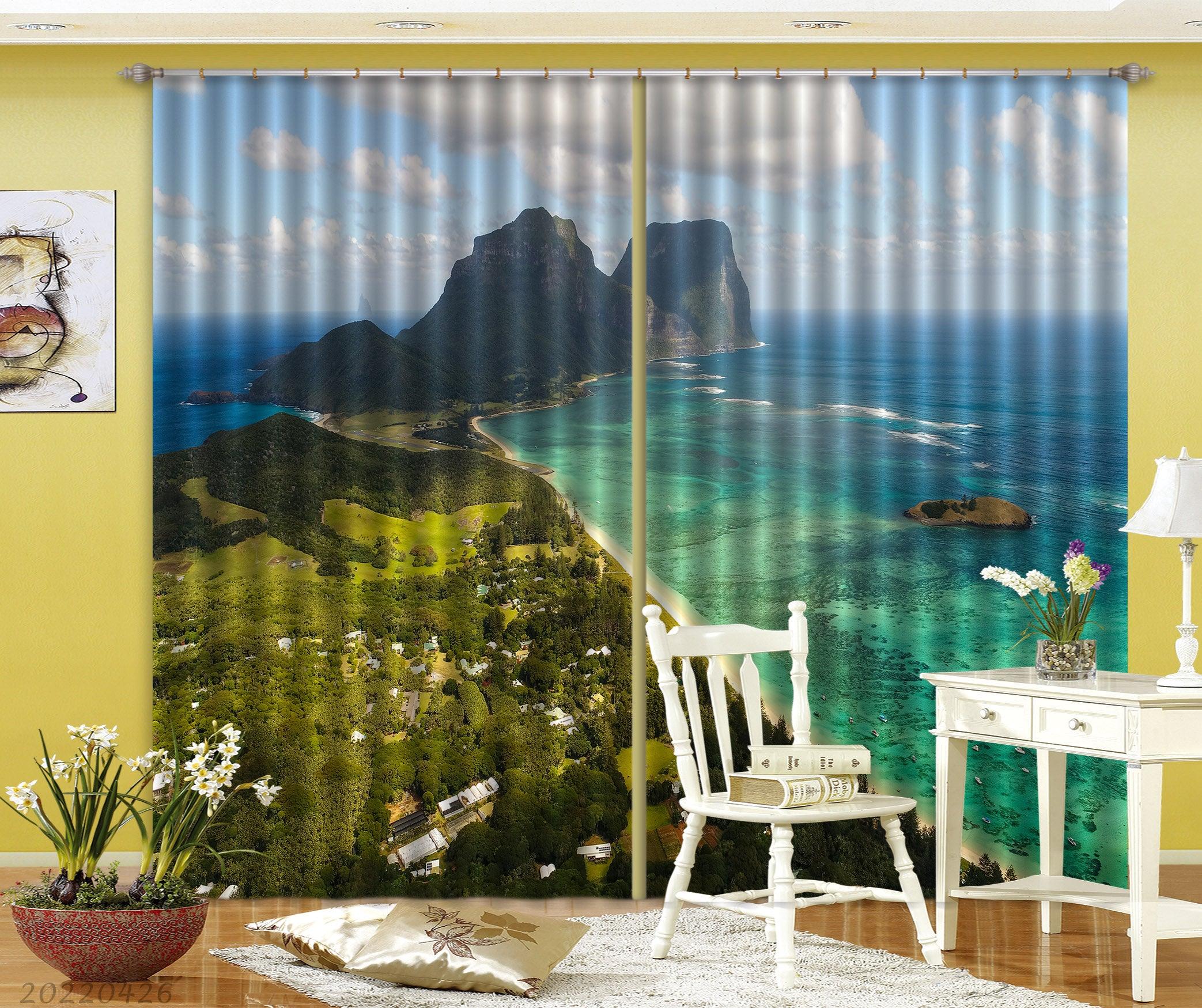 3D Ocean Mountain Coast Forest Scenery Curtains and Drapes GD 4891- Jess Art Decoration