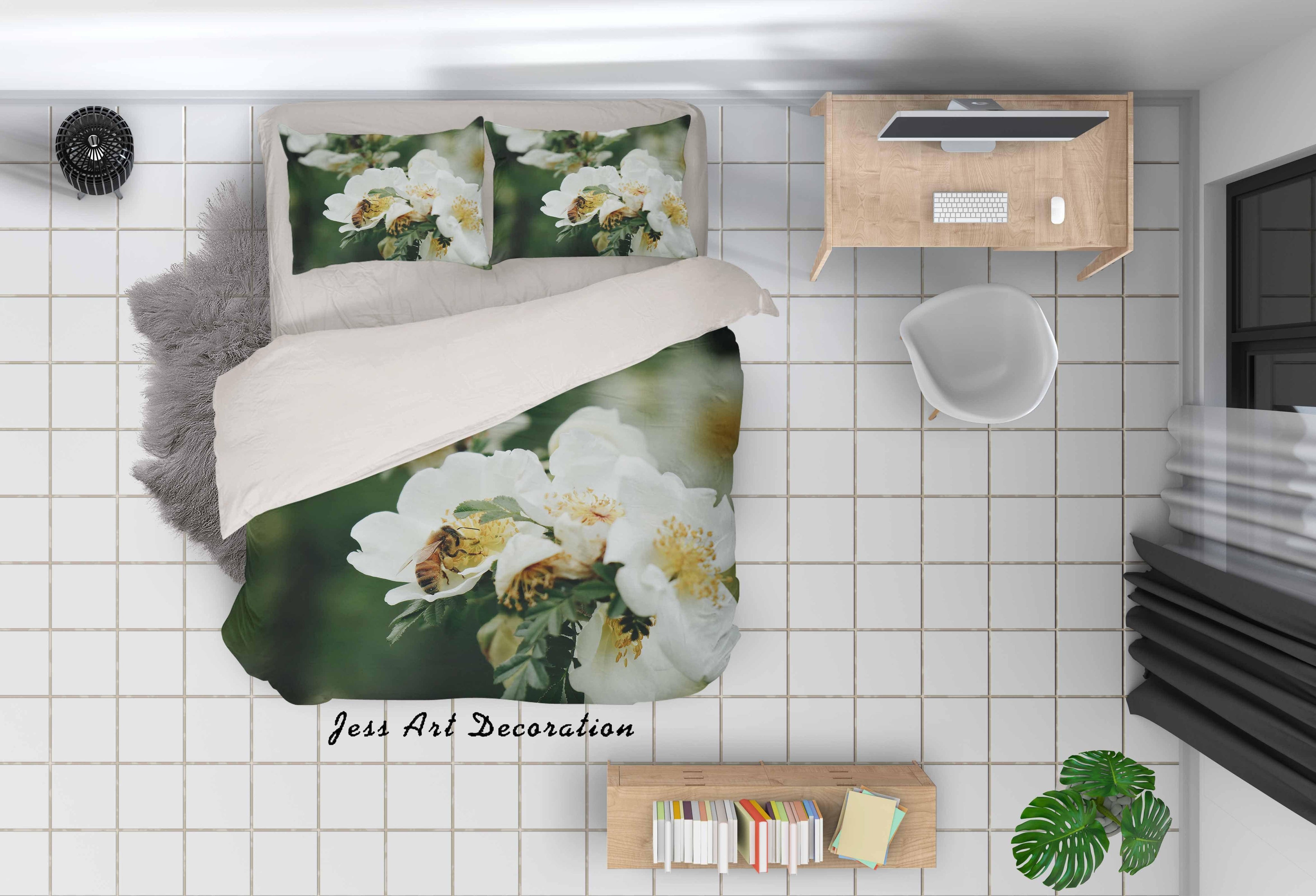 3D White Floral Pattern Quilt Cover Set Bedding Set Duvet Cover Pillowcases LQH A122- Jess Art Decoration