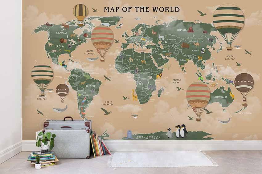 3D Brown World Map Hot Air Balloon Wall Mural Wallpaper LQH 94- Jess Art Decoration