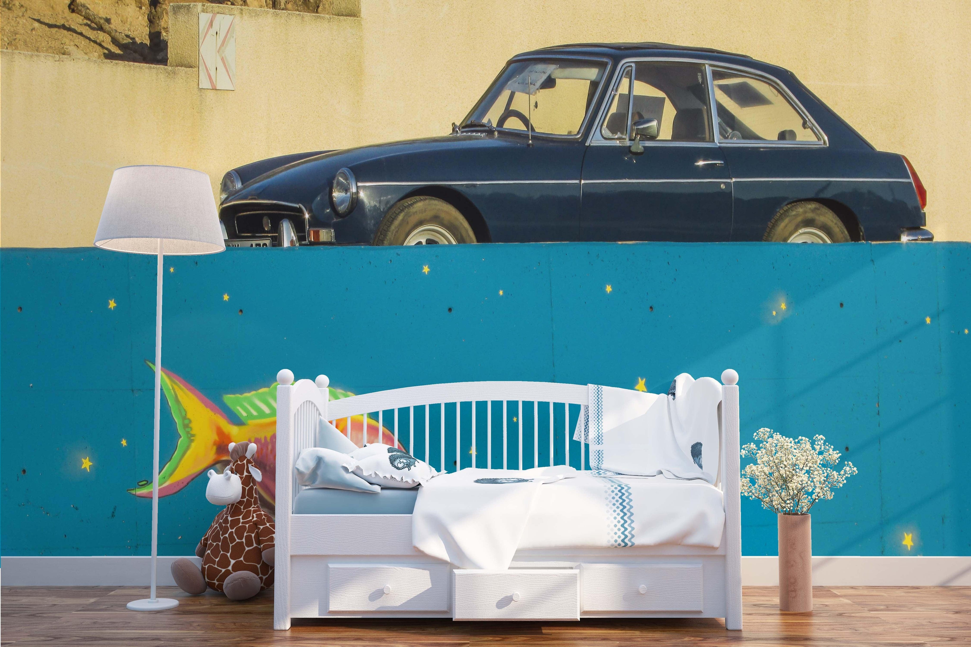 3D Retro Blue Car Goldfish Wall Mural Wallpaper 97- Jess Art Decoration