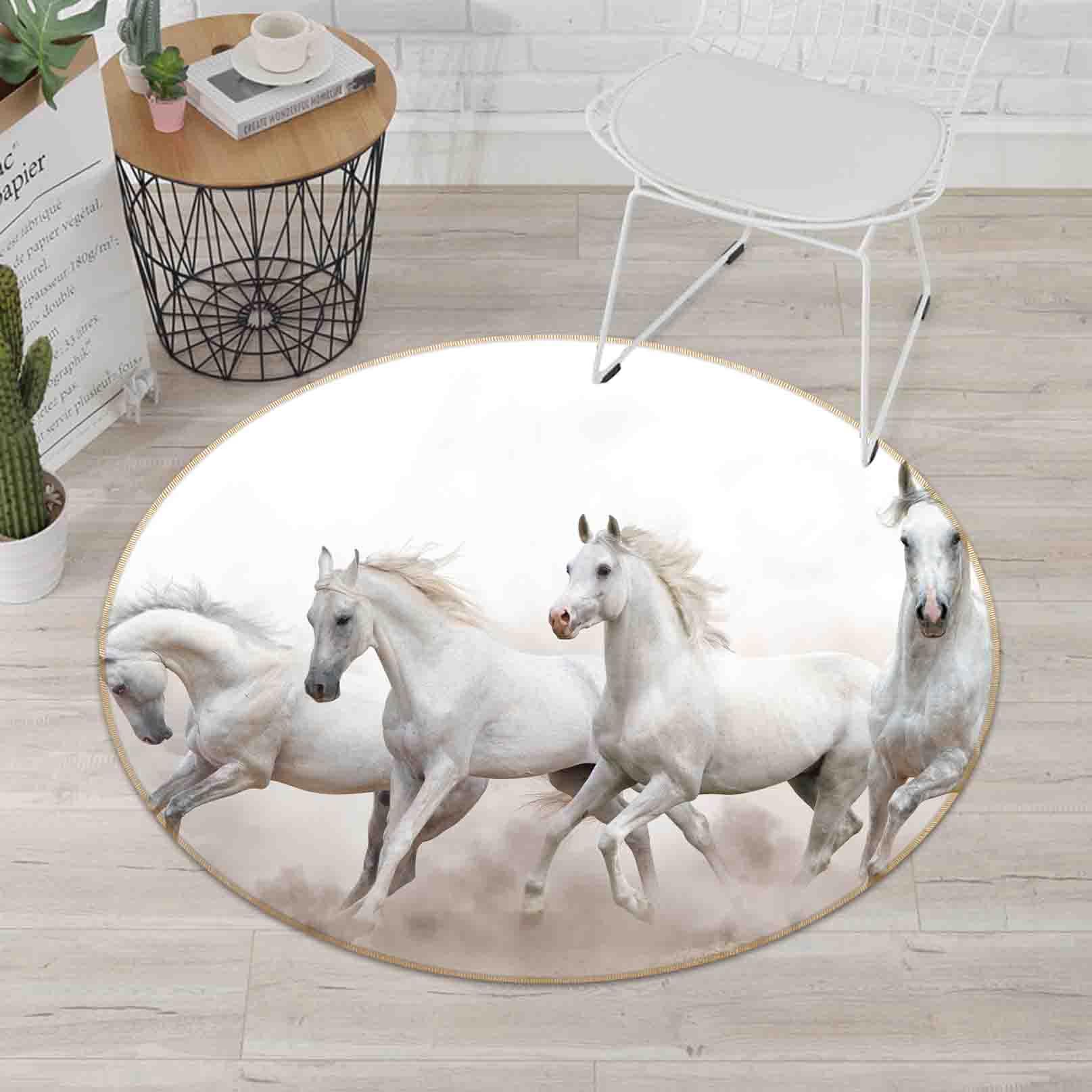 3D White Running Horse Non-Slip Round Rug Mat 5- Jess Art Decoration