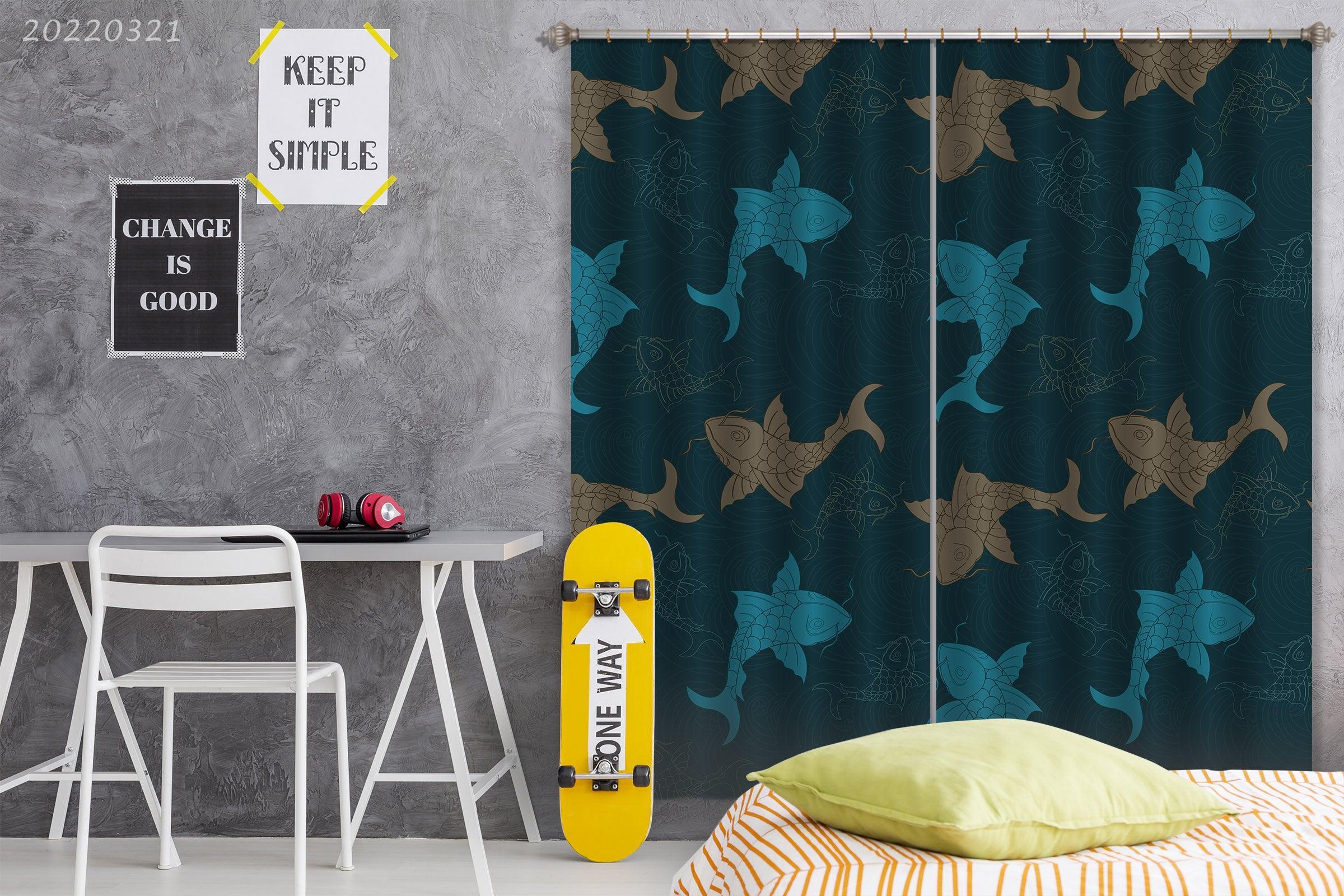 3D Fish Blue Sea Water Curtains and Drapes GD 3162- Jess Art Decoration