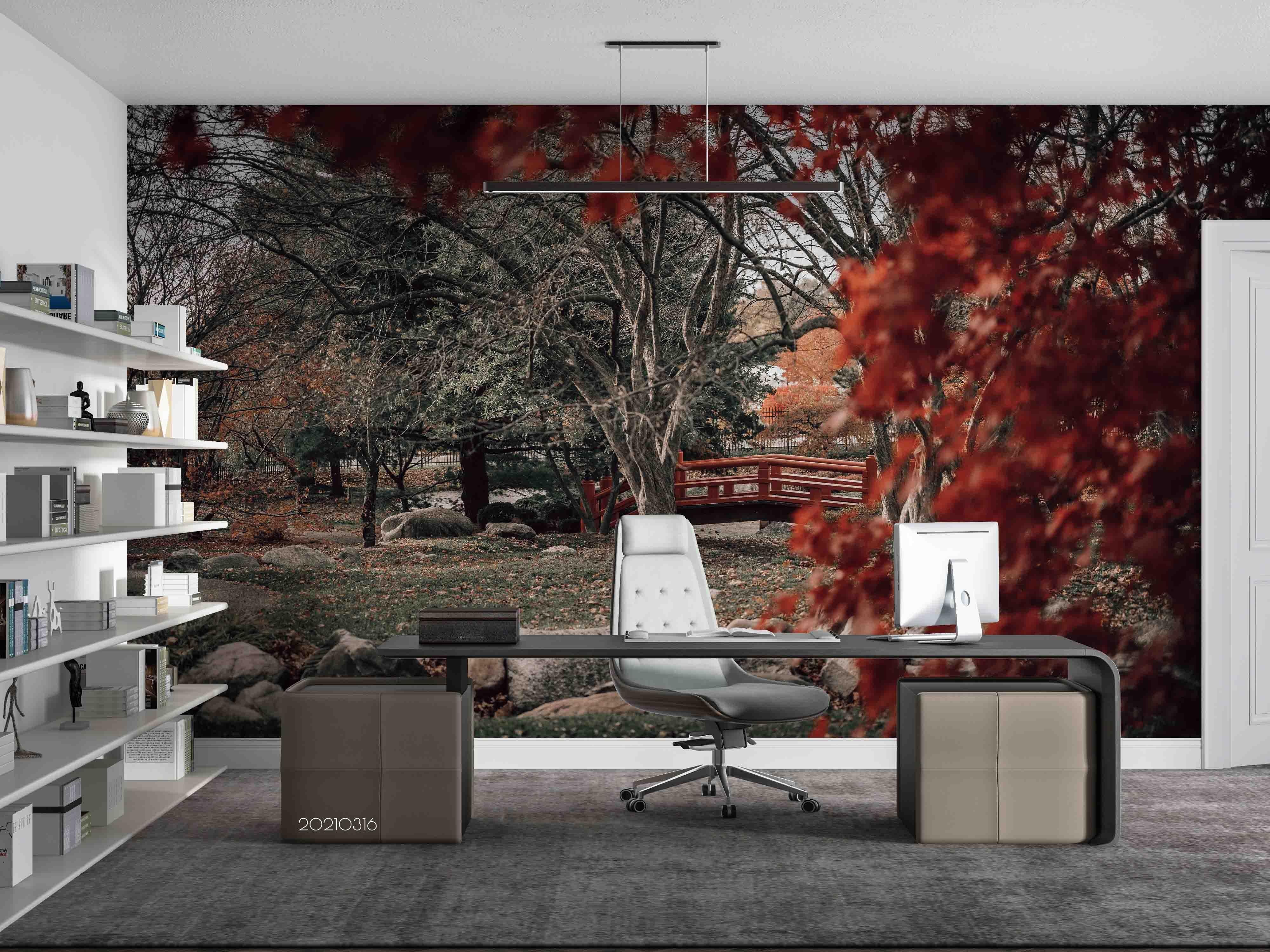 3D Park Maple Leaf Bridge Landscape Wall Mural Wallpaper LQH 488- Jess Art Decoration