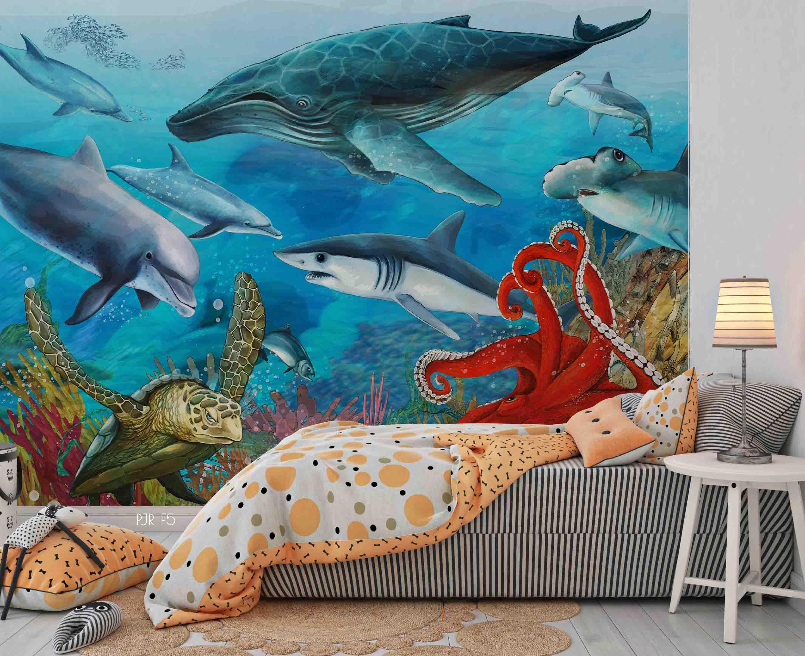 3D Shark Sea Fish underwater shark sea life mural wall mural wallpaper for kids room - view 2