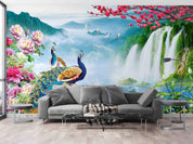3D Peacock Waterfall Garden peacock waterfall nature scene wall mural wallpaper for living room