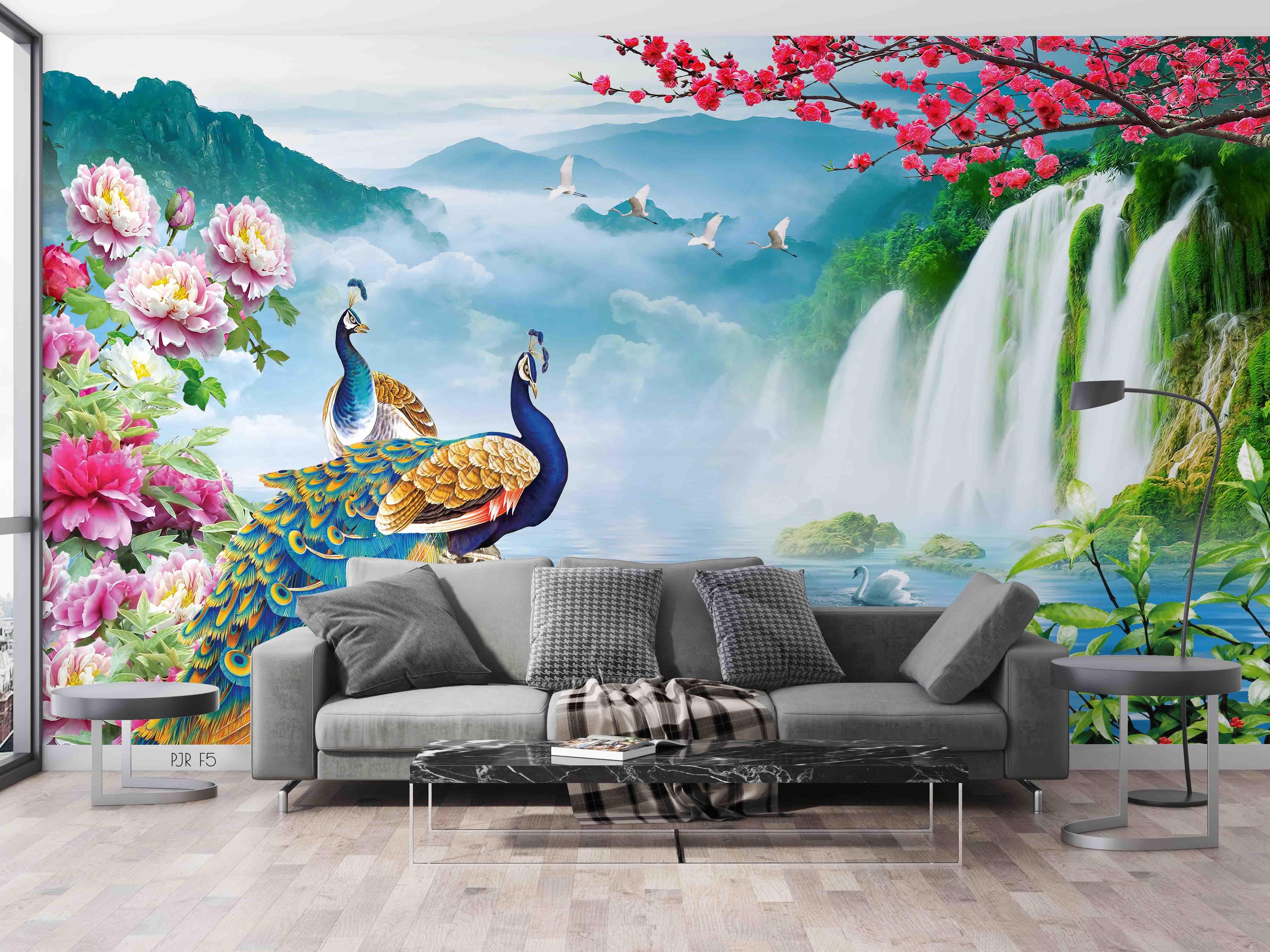 3D Peacock Waterfall Garden peacock waterfall nature scene wall mural wallpaper for living room