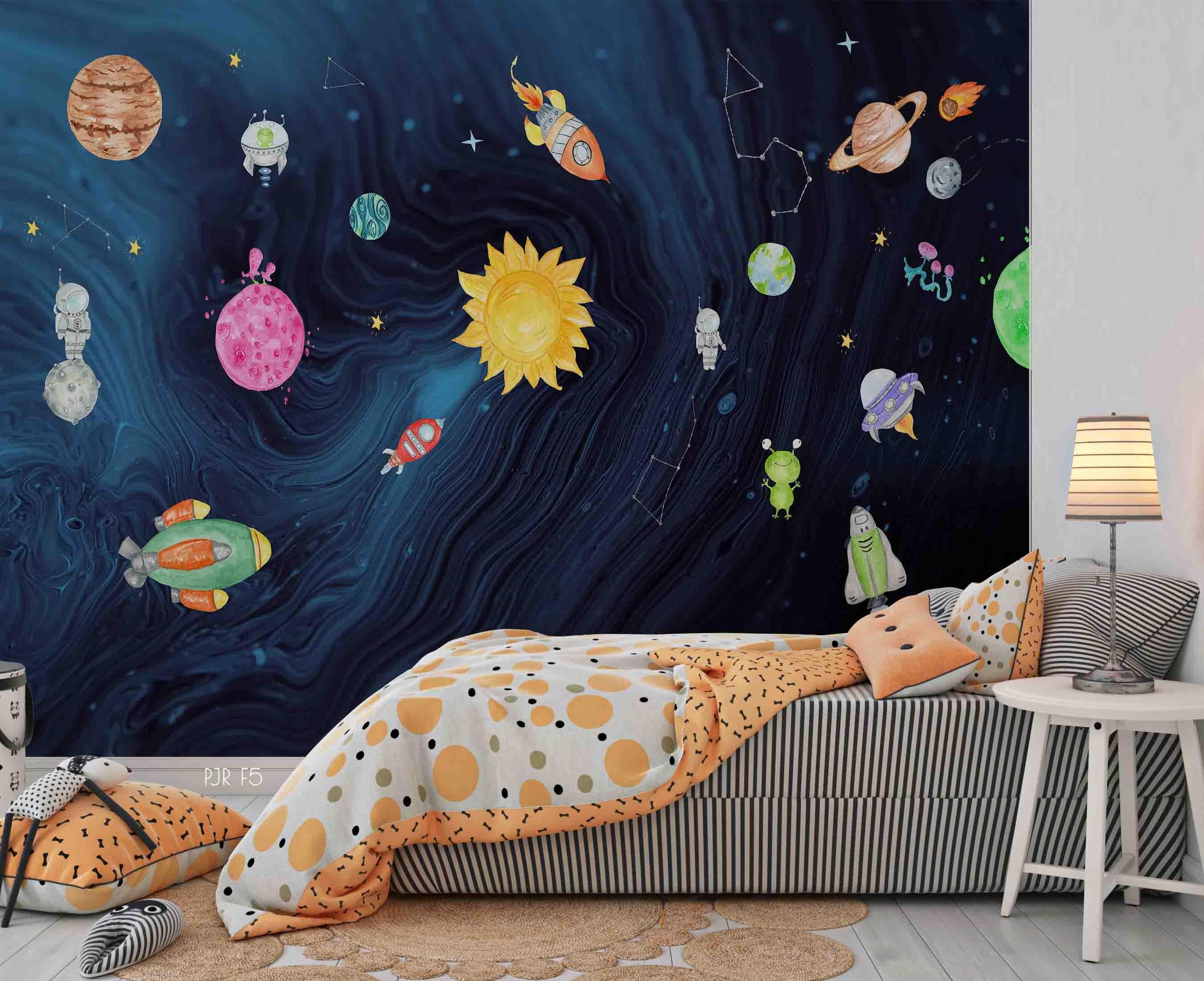 3D Space Planet Playroom cartoon space planet mural wall mural wallpaper for playroom - view 2