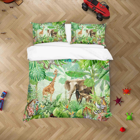 3D Green Jungle Giraffe Elephant Tiger Quilt Cover Set Bedding Set Pillowcases 86- Jess Art Decoration
