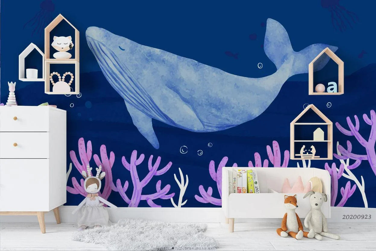 3D Watercolor Ocean World Whale Wall Mural Wallpaper WJ 3134- Jess Art Decoration