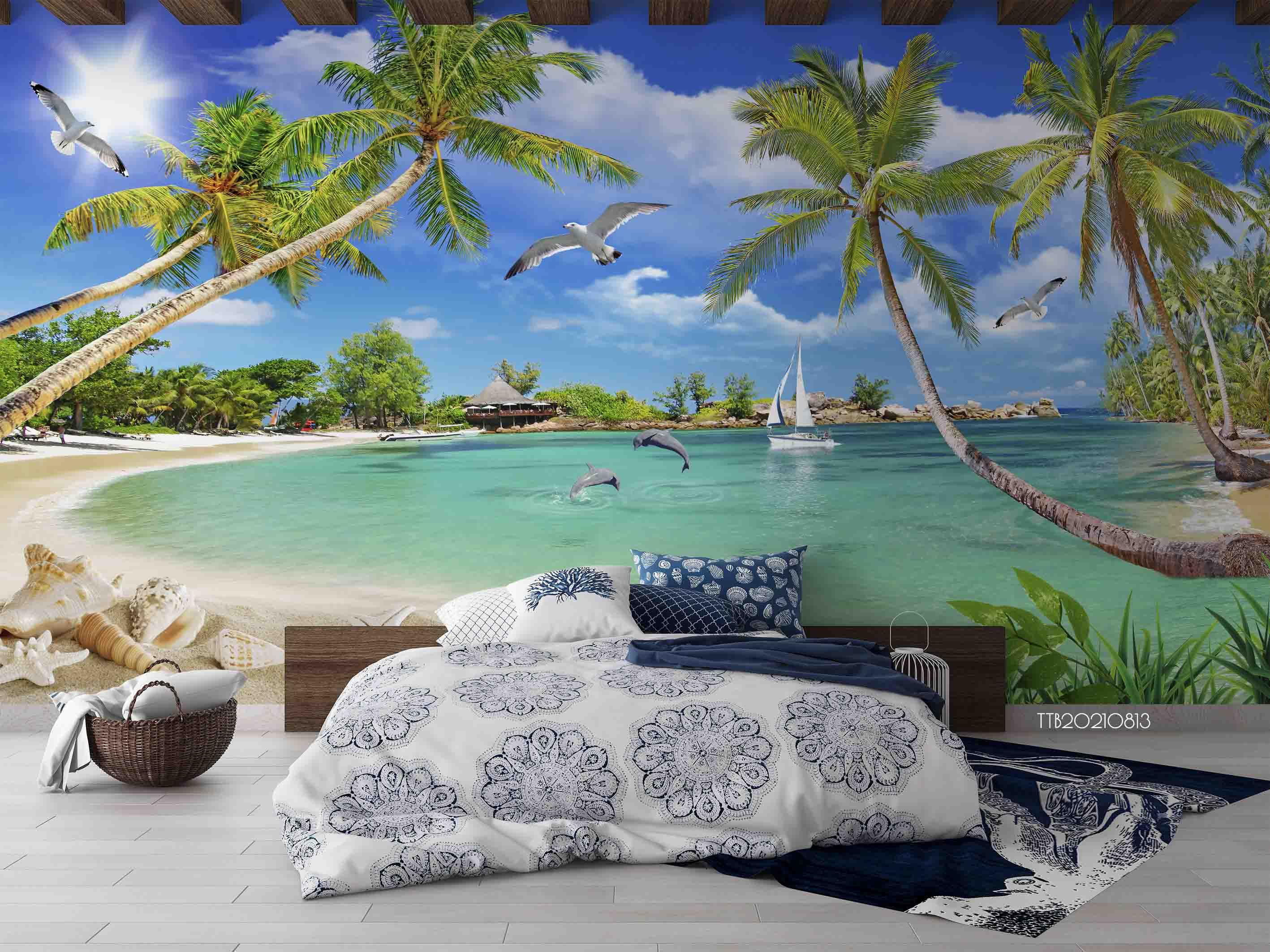 3D Tropics Coconut Trees Sea View Wall Mural Wallpaper 5119- Jess Art Decoration