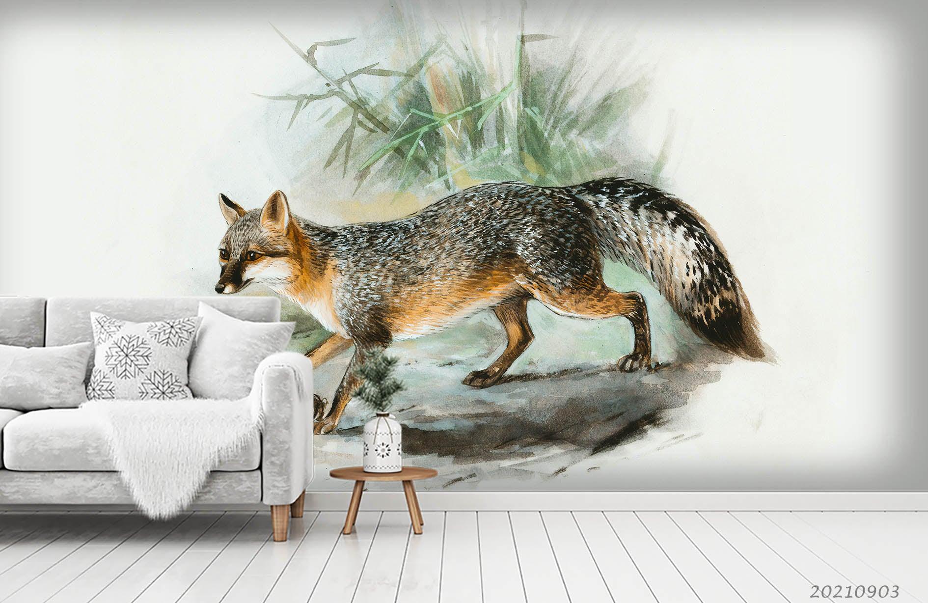 3D Watercolor Animal Fox Leaf Wall Mural Wallpaper LQH 246- Jess Art Decoration