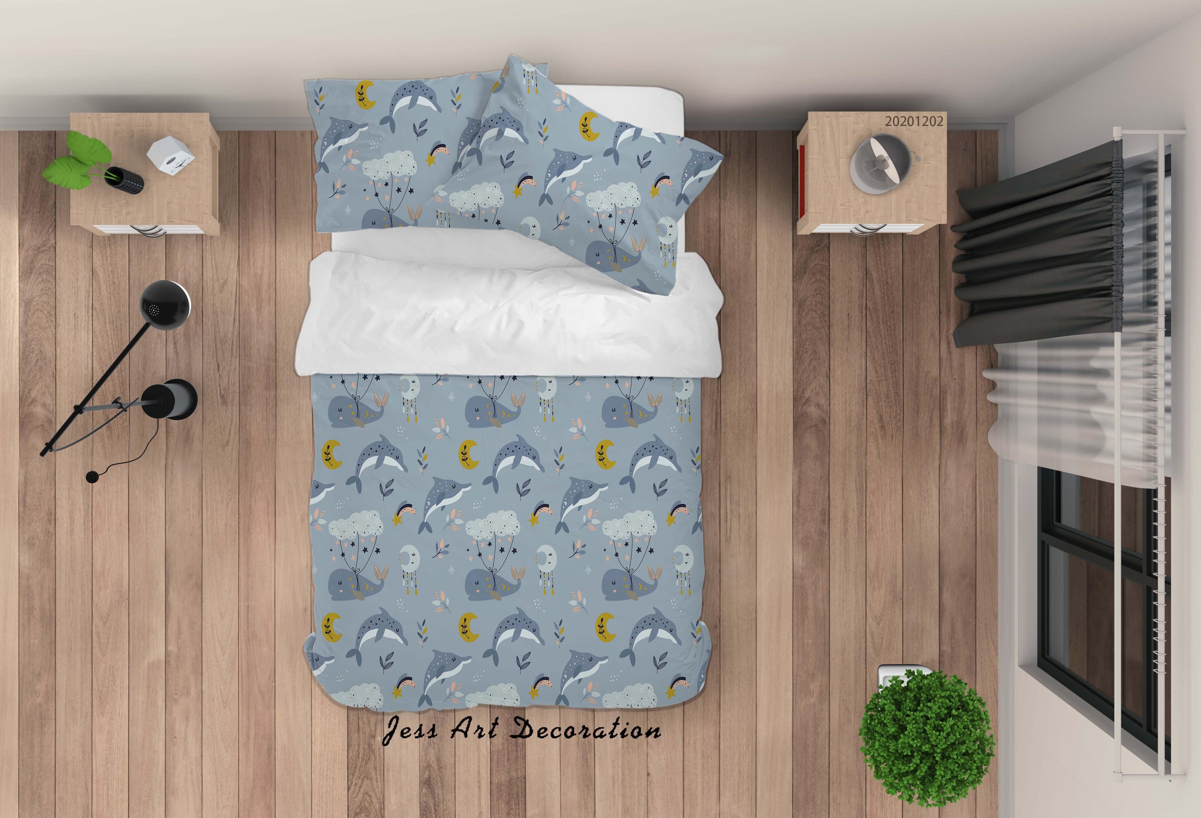3D Abstract Cartoon Hand Drawn Blue Ocean Dolphin Whale Fish Moon Quilt Cover Set Bedding Set Duvet Cover Pillowcases LXL- Jess Art Decoration