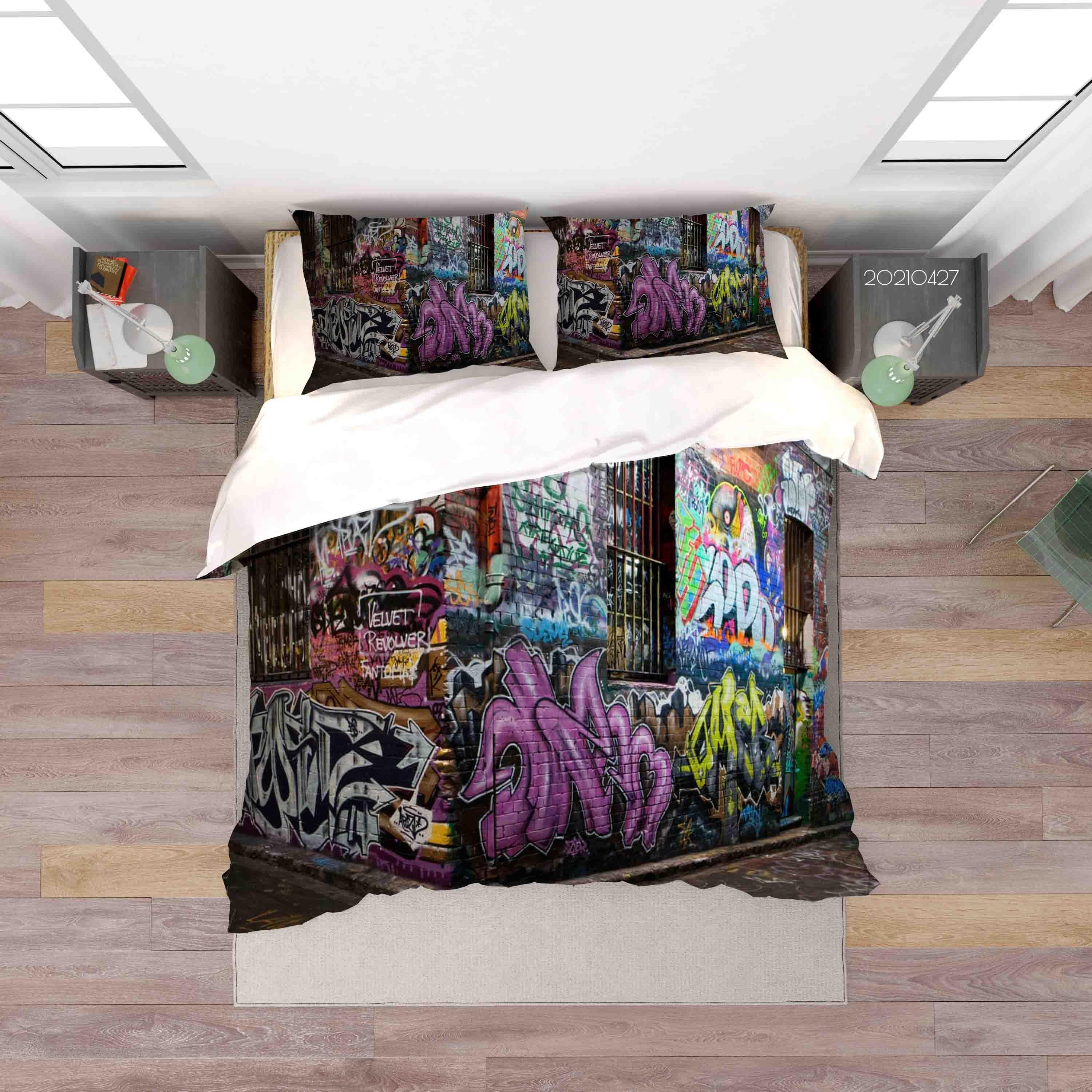 3D Abstract Colored Street Graffiti Quilt Cover Set Bedding Set Duvet Cover Pillowcases 48- Jess Art Decoration