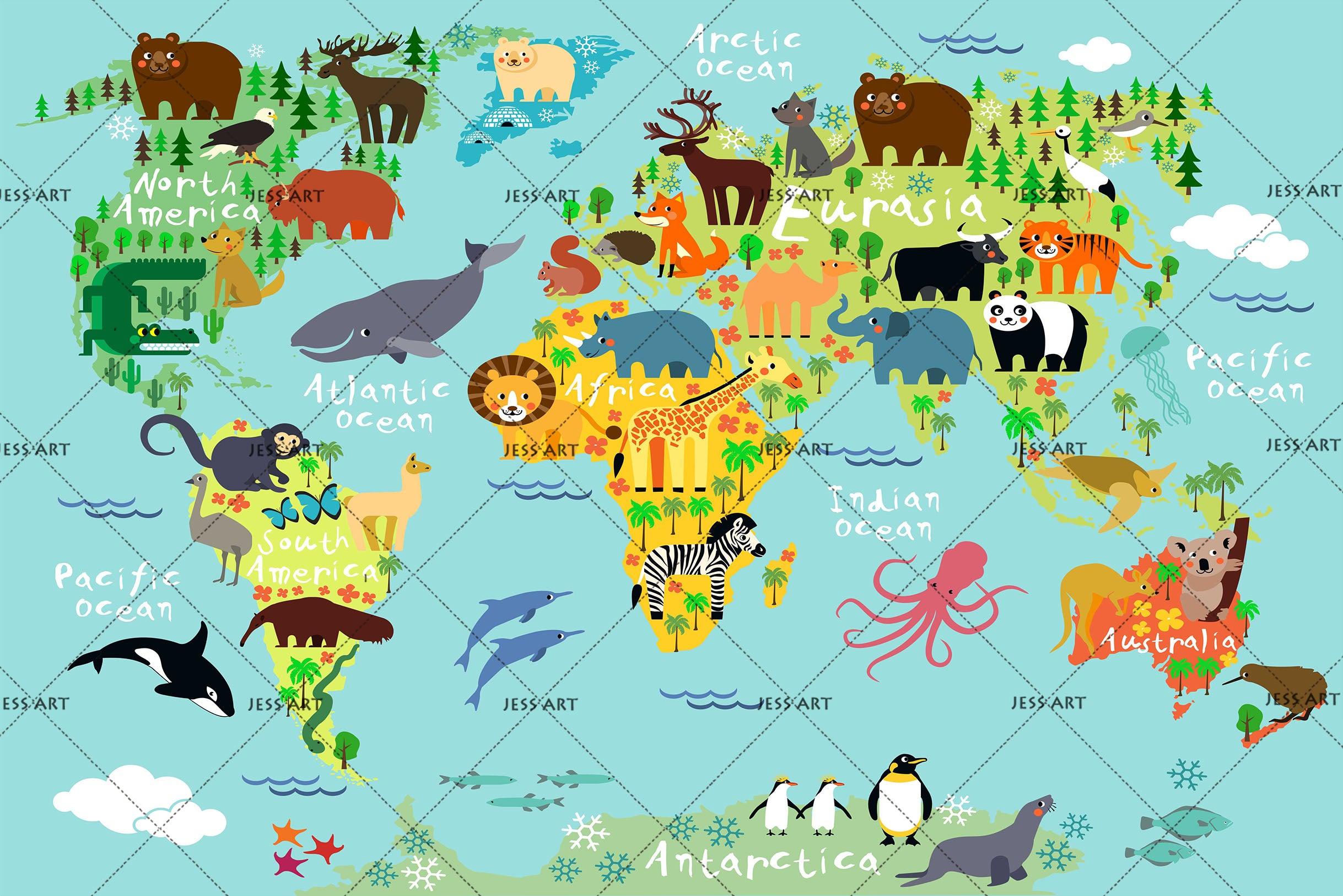 3D Cartoon Green Animal World Map Wall Mural Wallpaper LQH 93- Jess Art Decoration