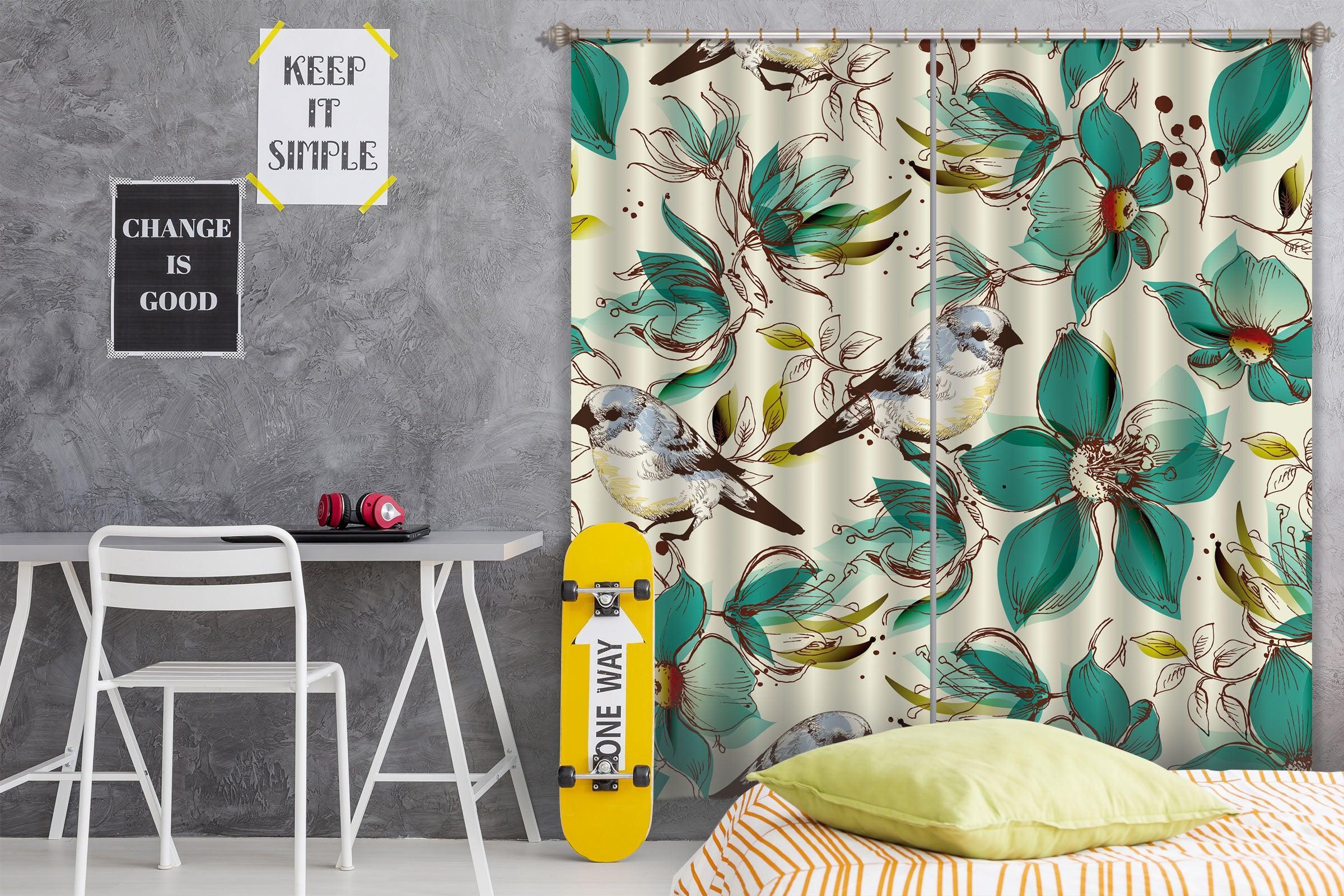3D Hand Painted Green Flowers Birds Curtains and Drapes A75- Jess Art Decoration