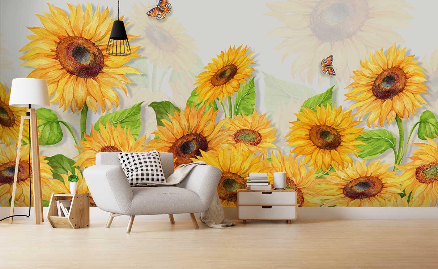 3D Sunflowers Butterfly Wall Mural Wallpaper 37- Jess Art Decoration