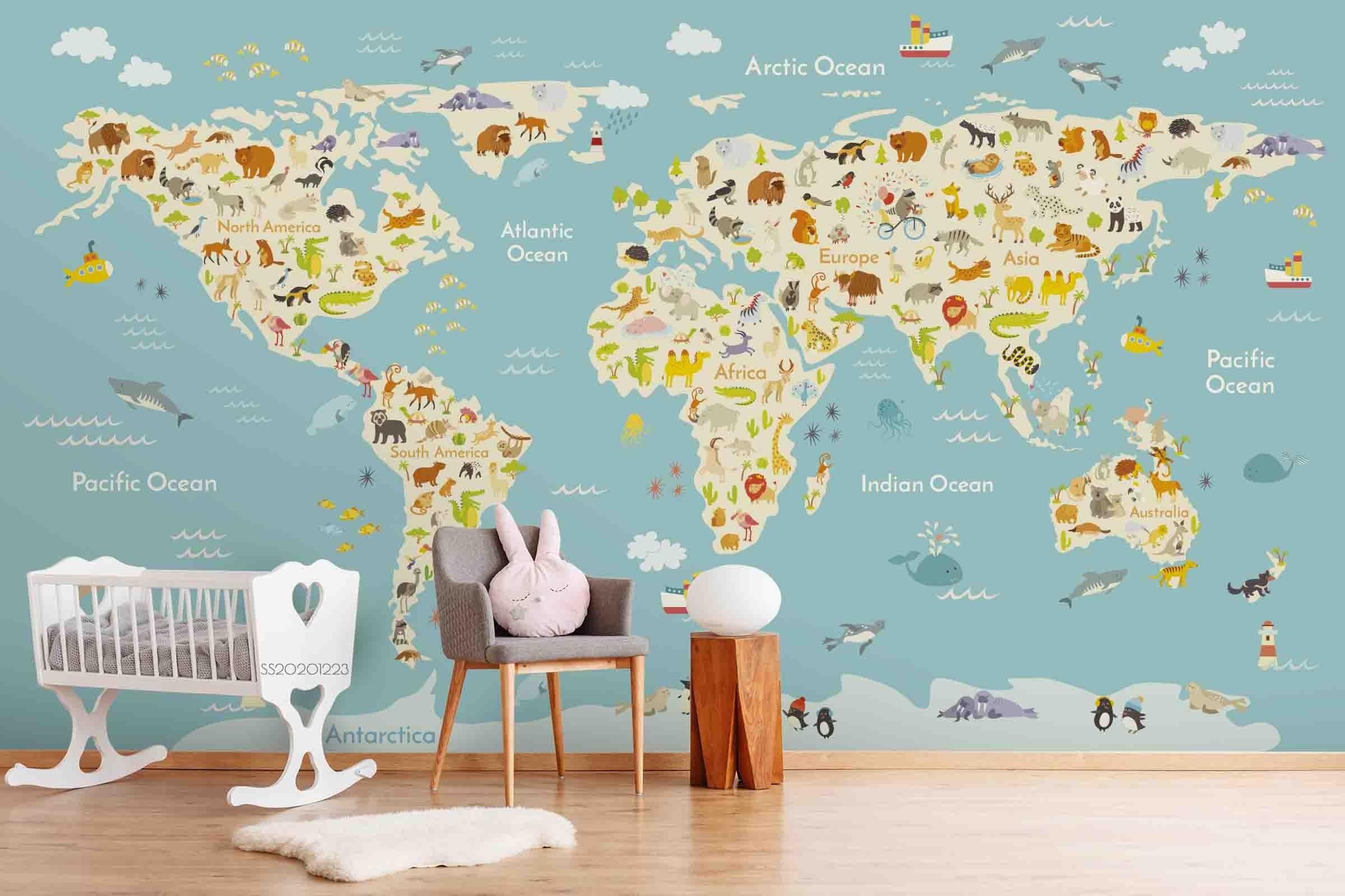 3D Cartoon World Map Wall Mural Wallpaper LQH 148- Jess Art Decoration