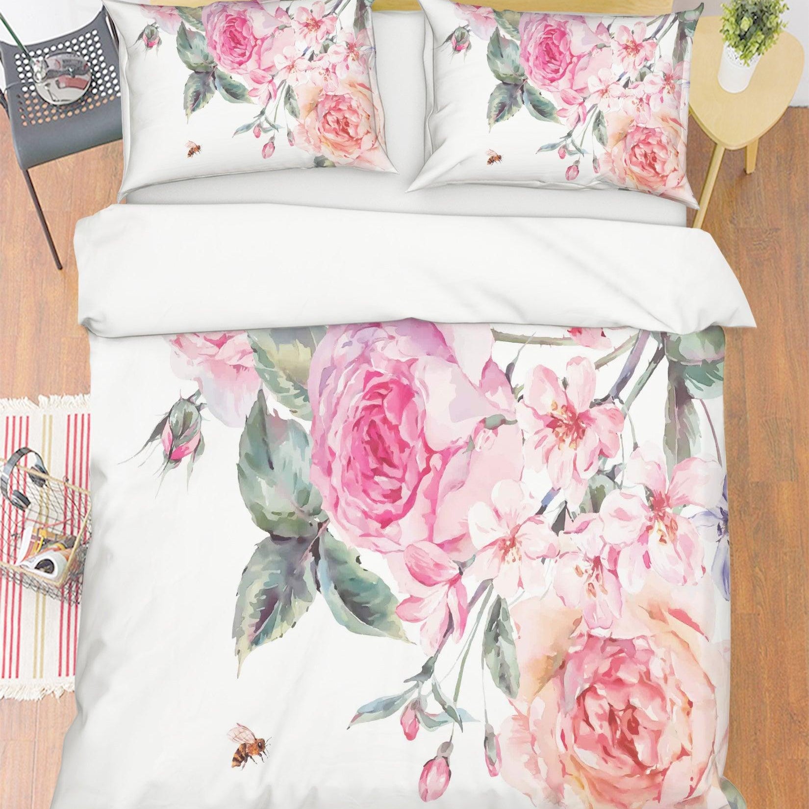 3D Watercolor Pink Rose Quilt Cover Set Bedding Set Pillowcases 13- Jess Art Decoration