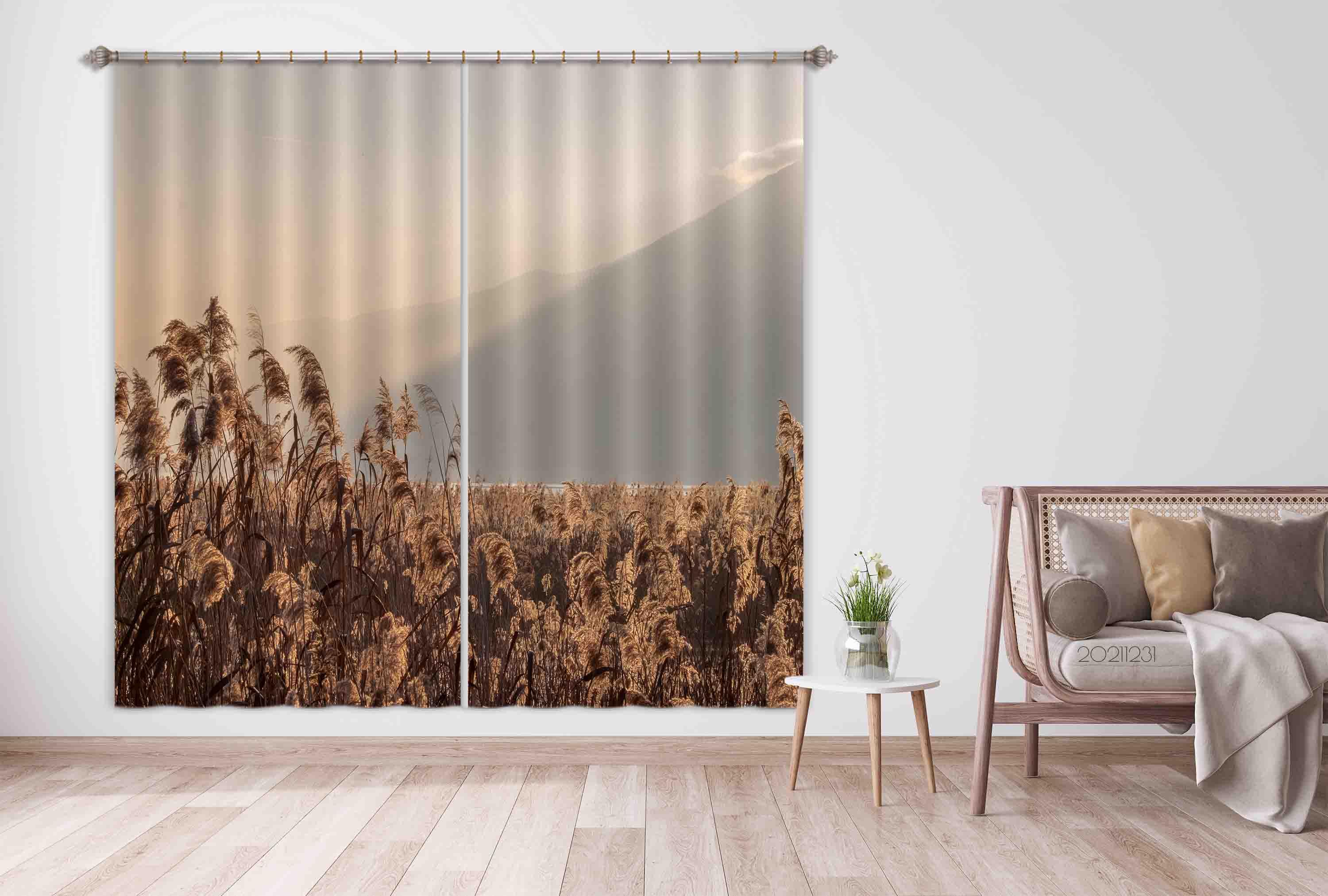 3D Vintage Golden Reed Mountain Scenery Curtains and Drapes GD 86- Jess Art Decoration
