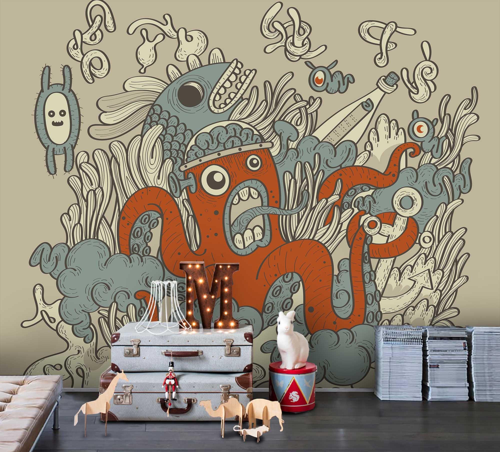 3D Cartoon Octopus Wall Mural Wallpaper SF20- Jess Art Decoration