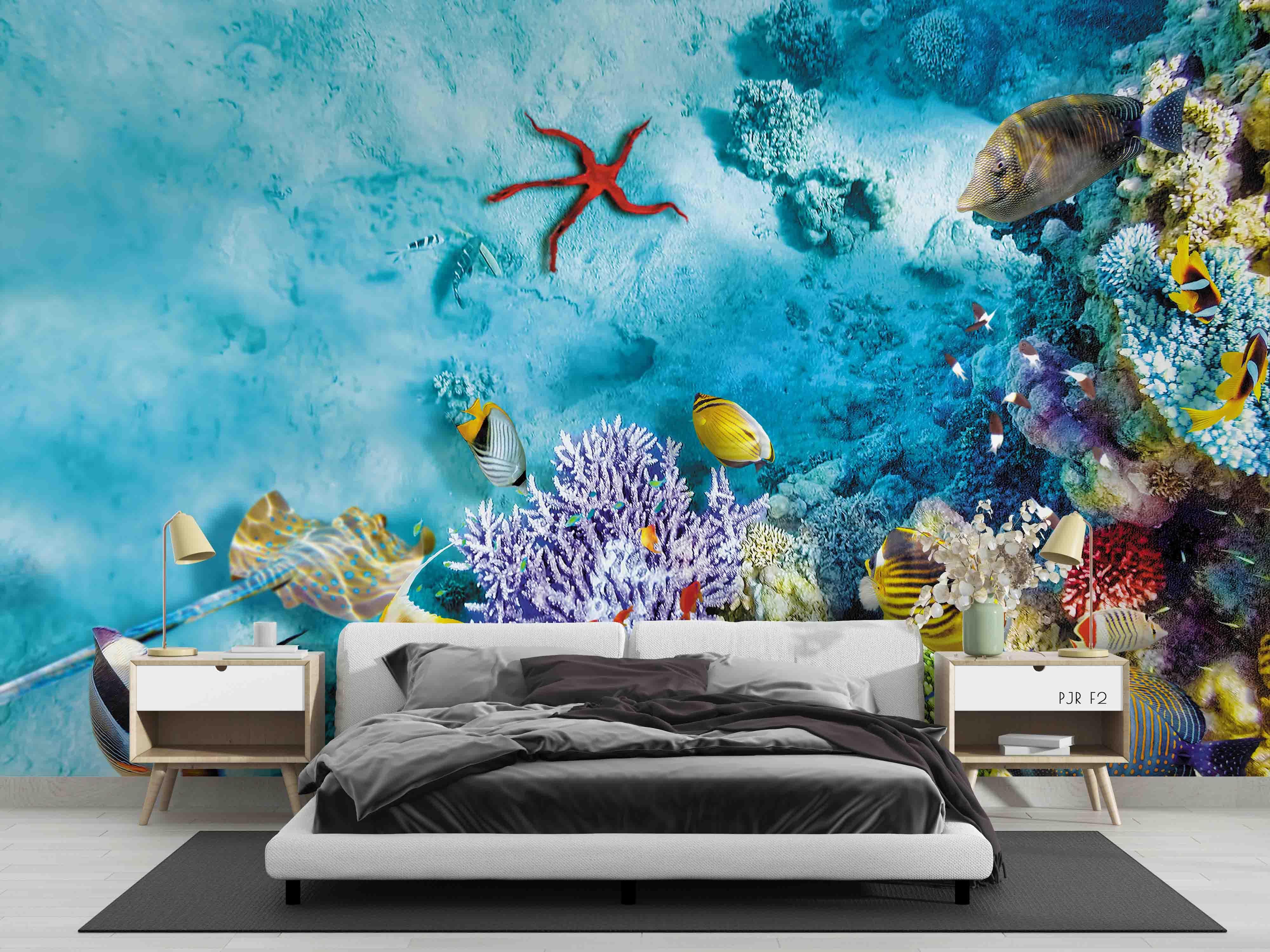 3D Coral Reef Fish Rock coral reef fish mural wall mural wallpaper for kids room