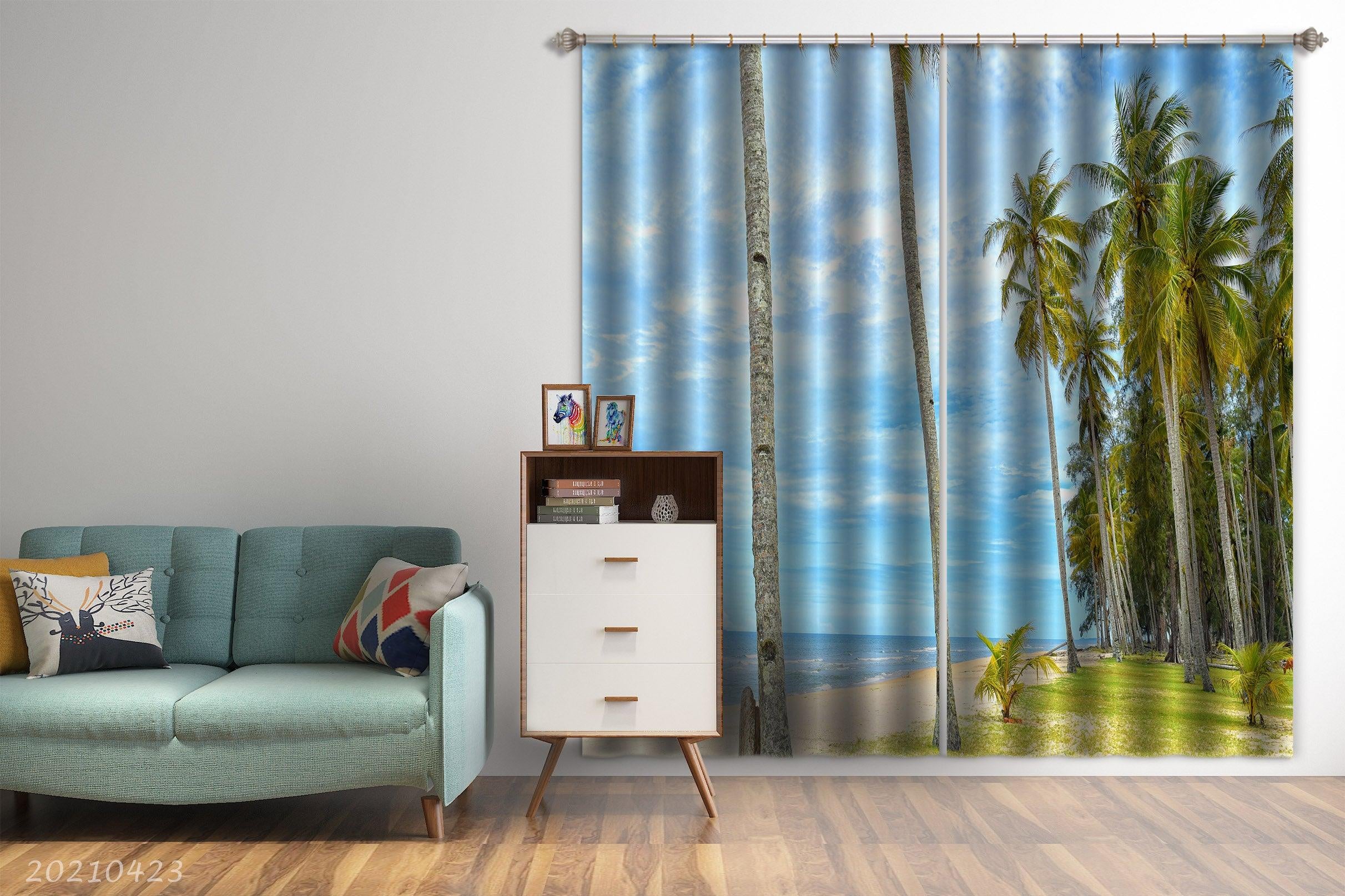 3D Coconut Tree Meadow Ocean Curtains and Drapes GD 1298- Jess Art Decoration