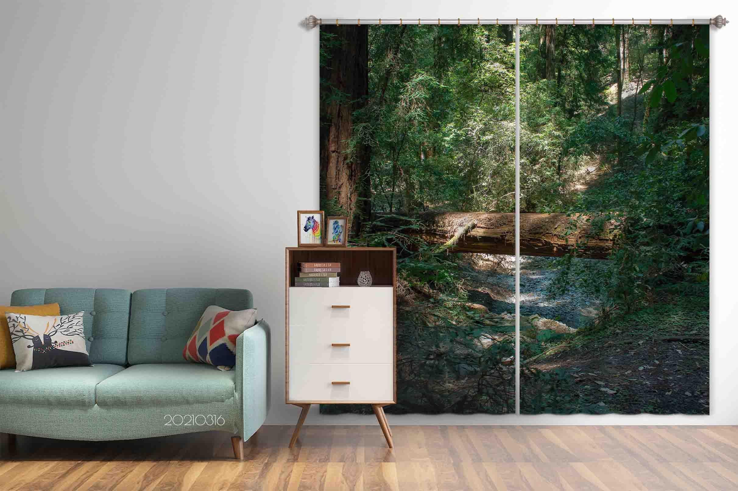 3D Green Forest River Tree Trunk Landscape Curtains and Drapes LQH 118- Jess Art Decoration