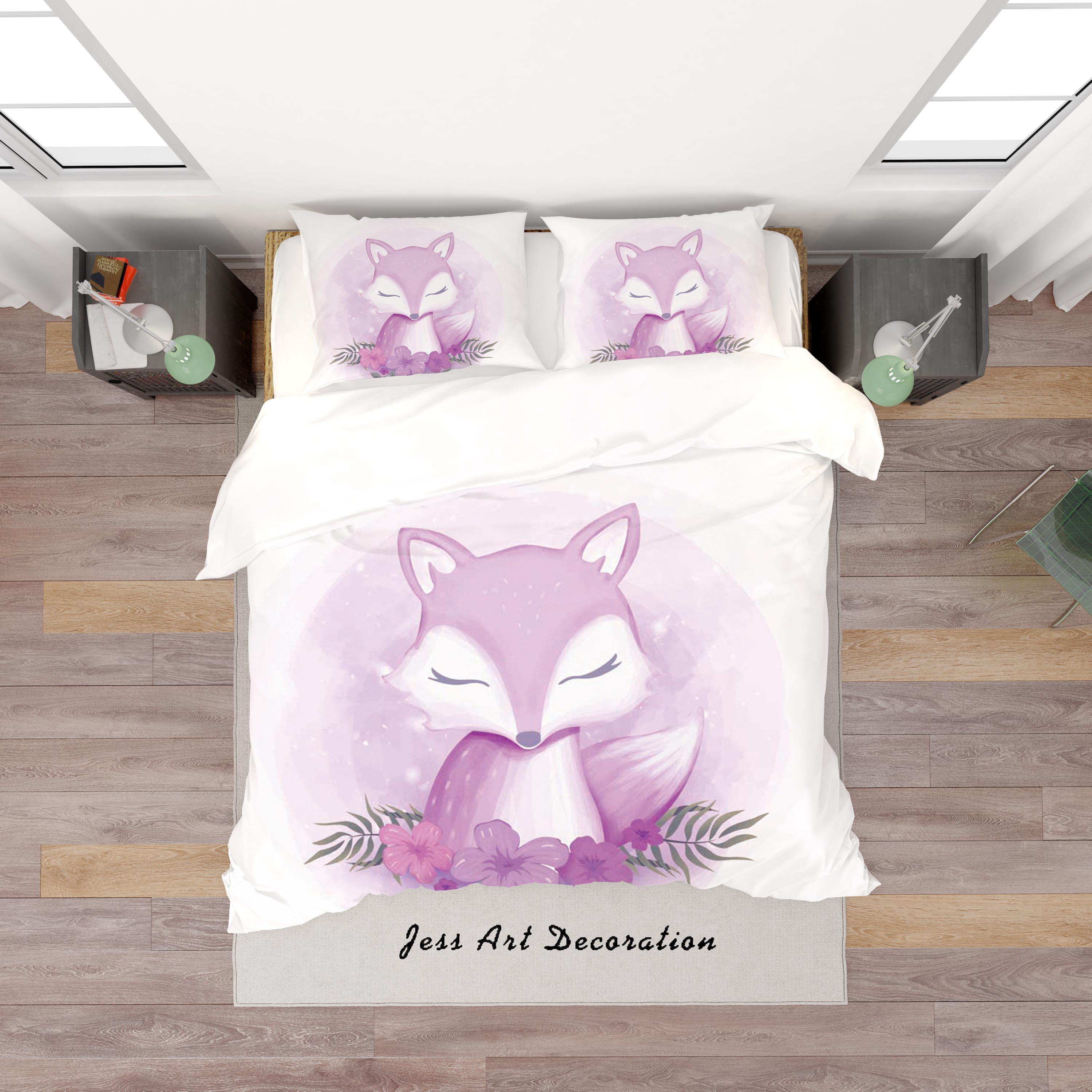 3D White Purple Fox Floral Quilt Cover Set Bedding Set Duvet Cover Pillowcases SF64- Jess Art Decoration
