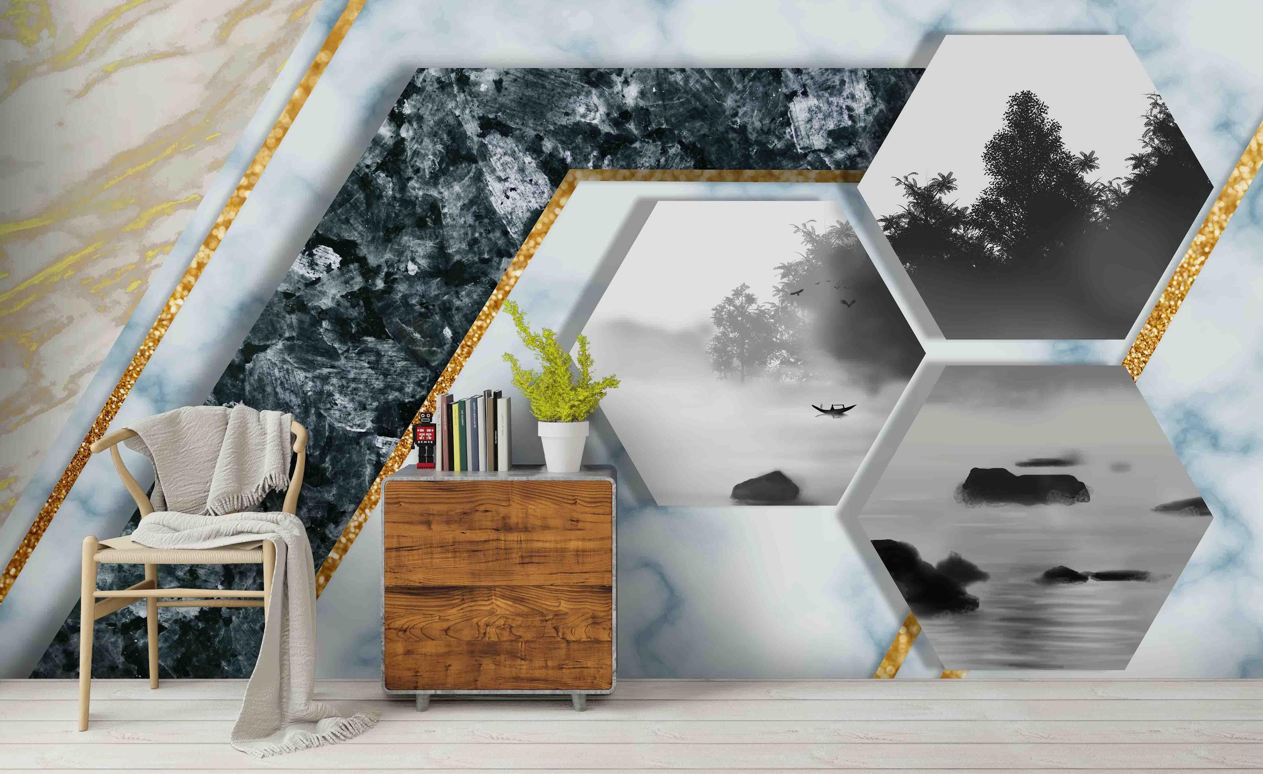 3D Marble Hexagon Landscape Wall Mural Wallpaper 19- Jess Art Decoration