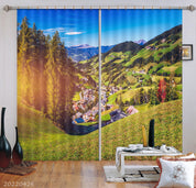 3D Landscape Mountain Canyon Town Building Green Forest Curtains and Drapes GD 4856- Jess Art Decoration