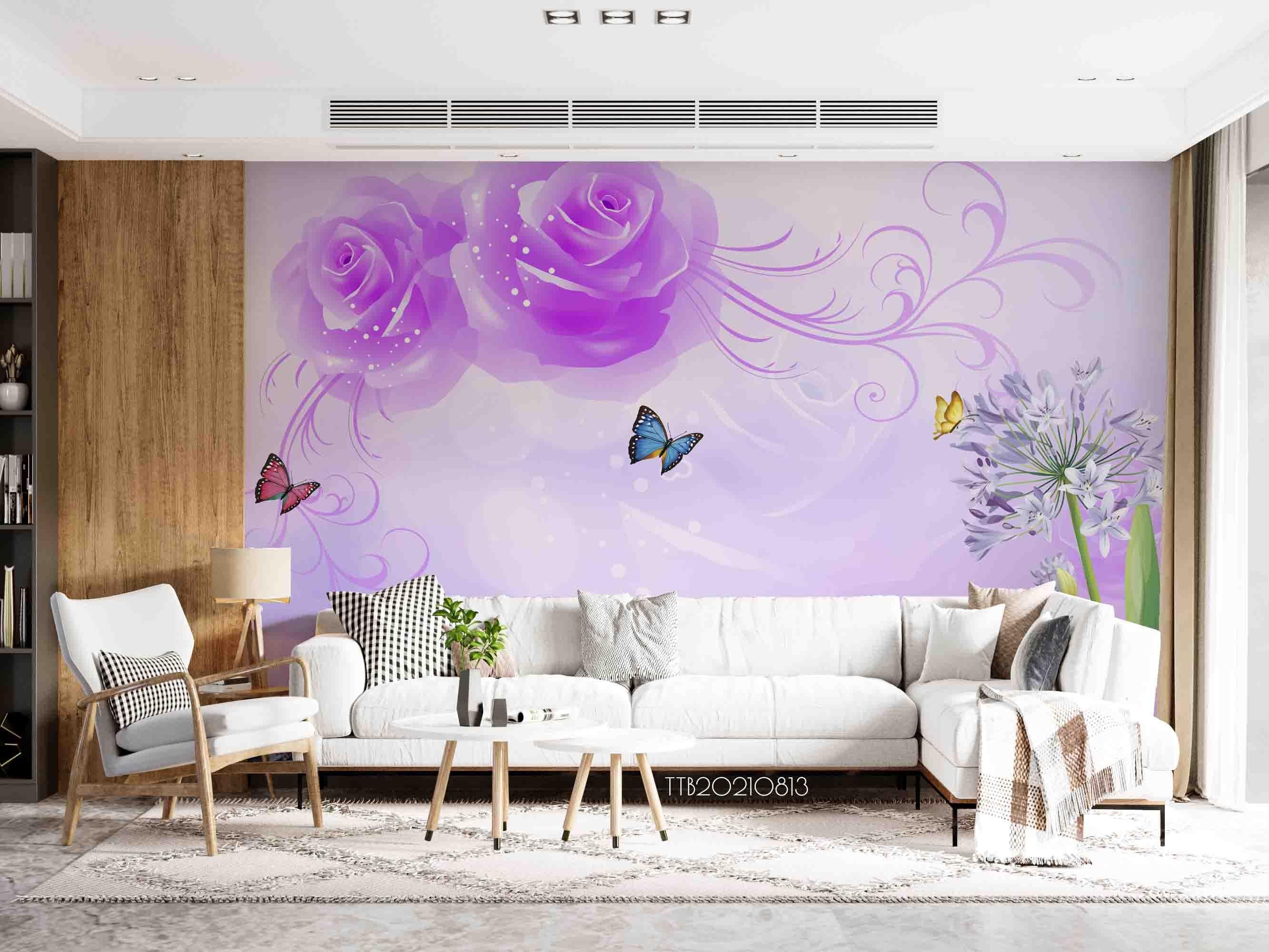 3D Hand-painted Purple Floral Butterfly Wall Mural Wallpaper 5110- Jess Art Decoration