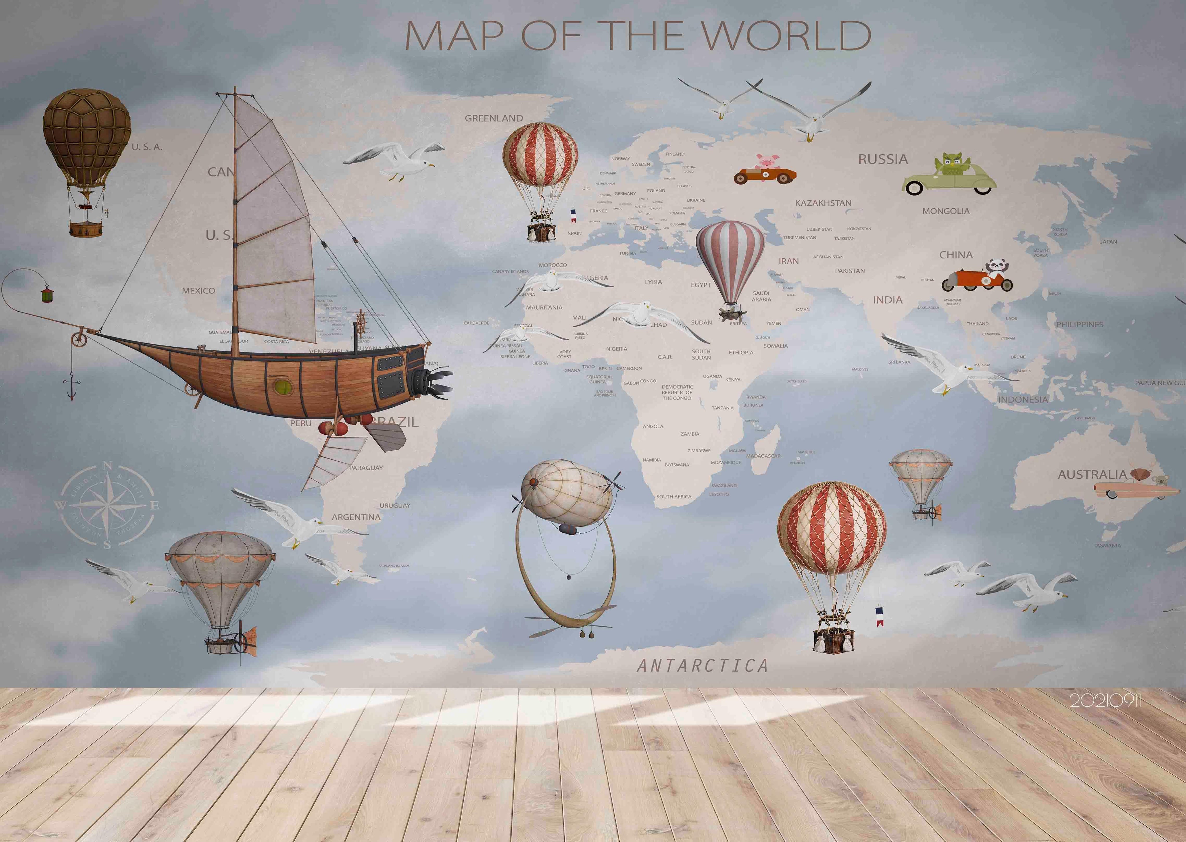 3D World Map Hot Air Balloon Kids Wall Mural Wallpaper LQH 831- Jess Art Decoration